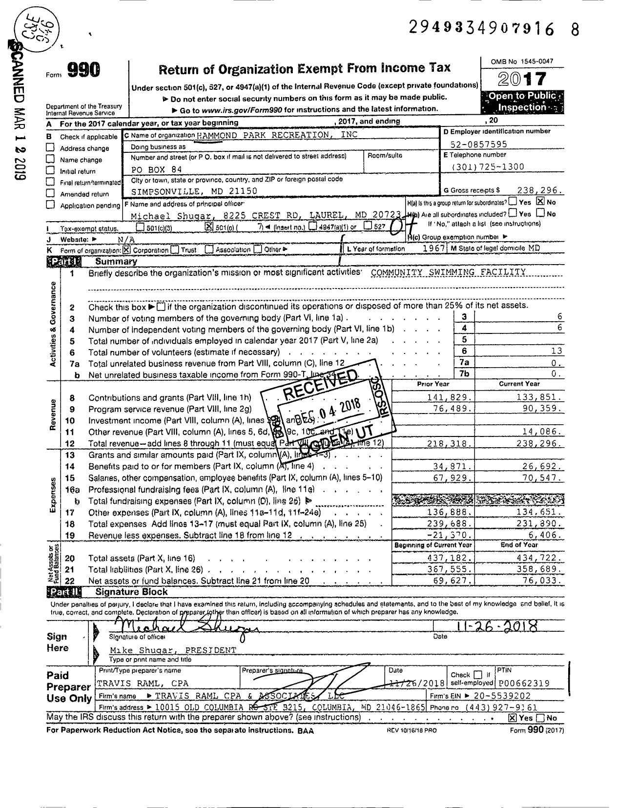 Image of first page of 2017 Form 990O for Hammond Park Recreation