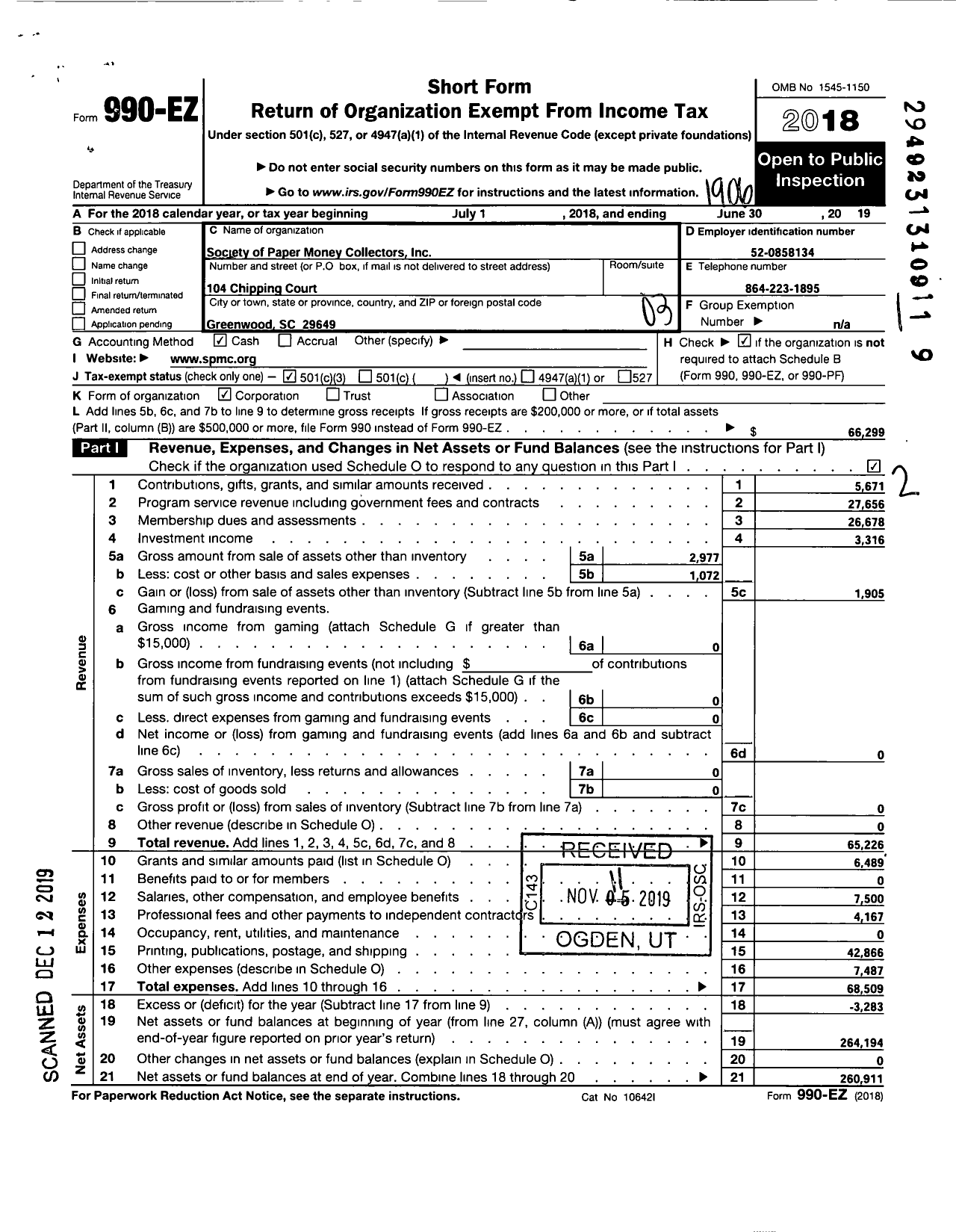 Image of first page of 2018 Form 990EZ for Society of Paper Money Collectors