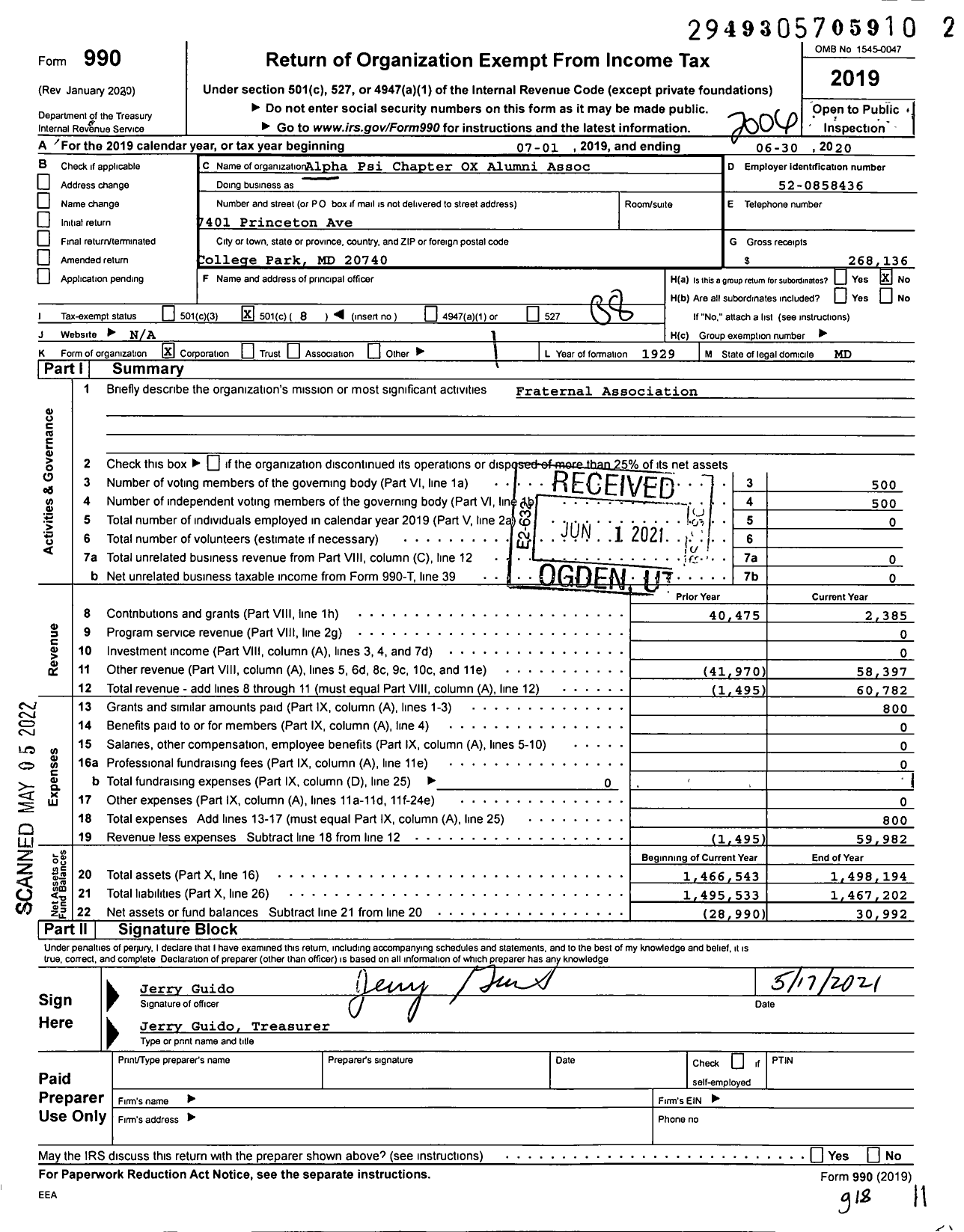 Image of first page of 2019 Form 990O for Alpha Psi Chapter OX Alumni Assoc