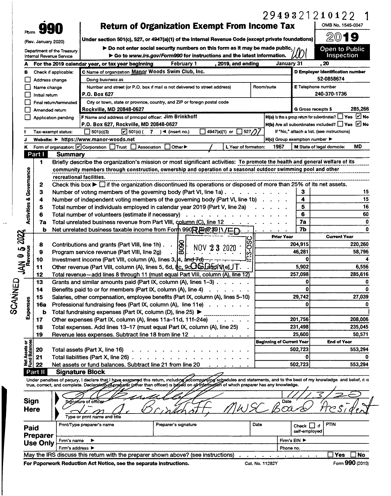 Image of first page of 2019 Form 990O for Manor Woods Swim Club