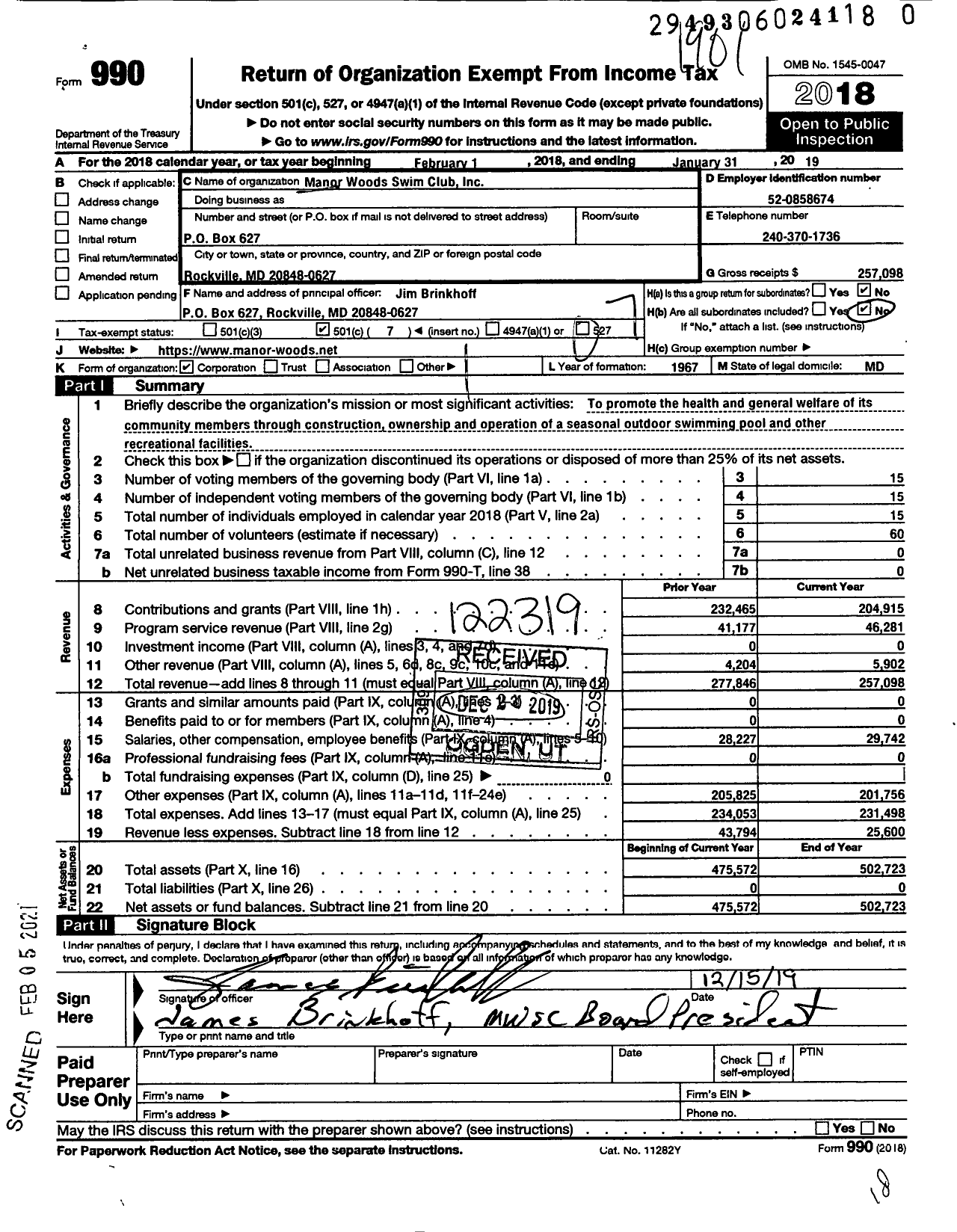 Image of first page of 2018 Form 990O for Manor Woods Swim Club