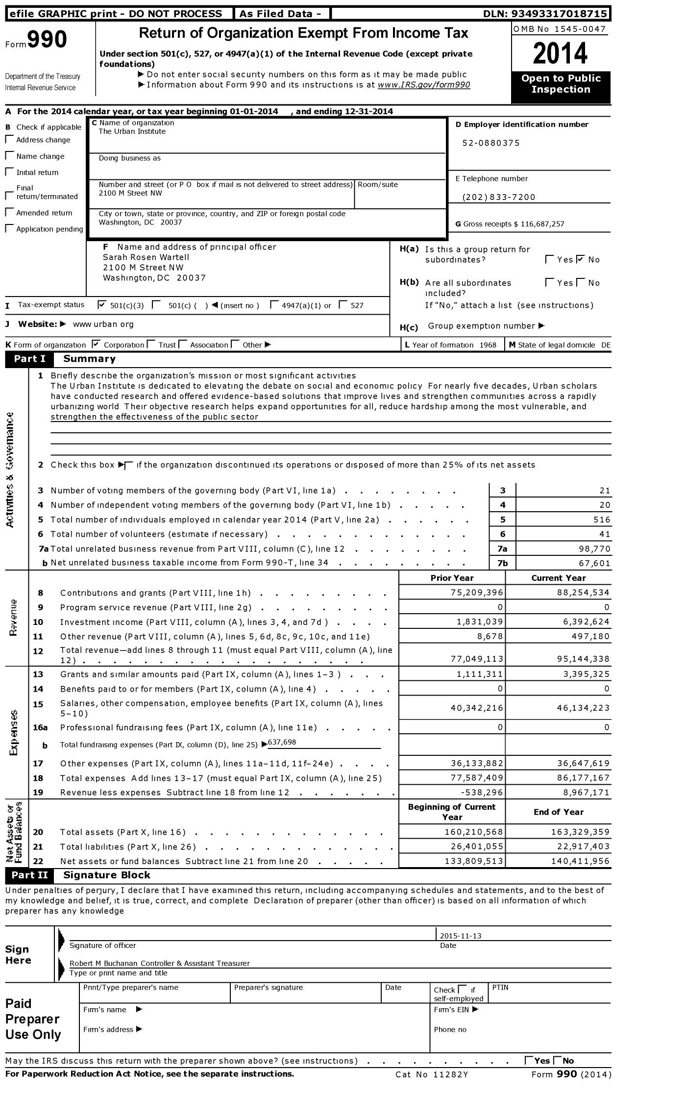 Image of first page of 2014 Form 990 for Urban Institute