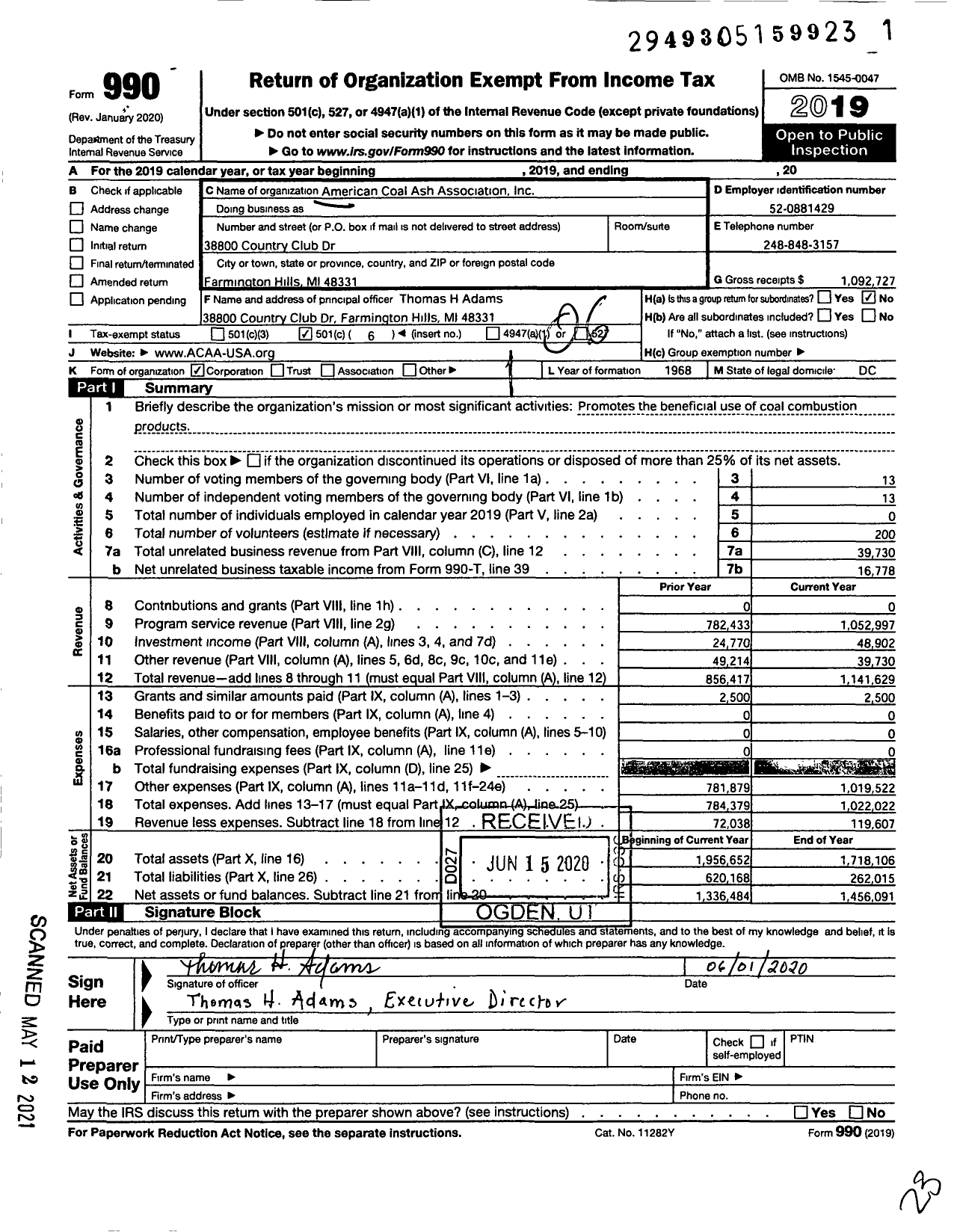 Image of first page of 2019 Form 990O for American Coal Ash Association