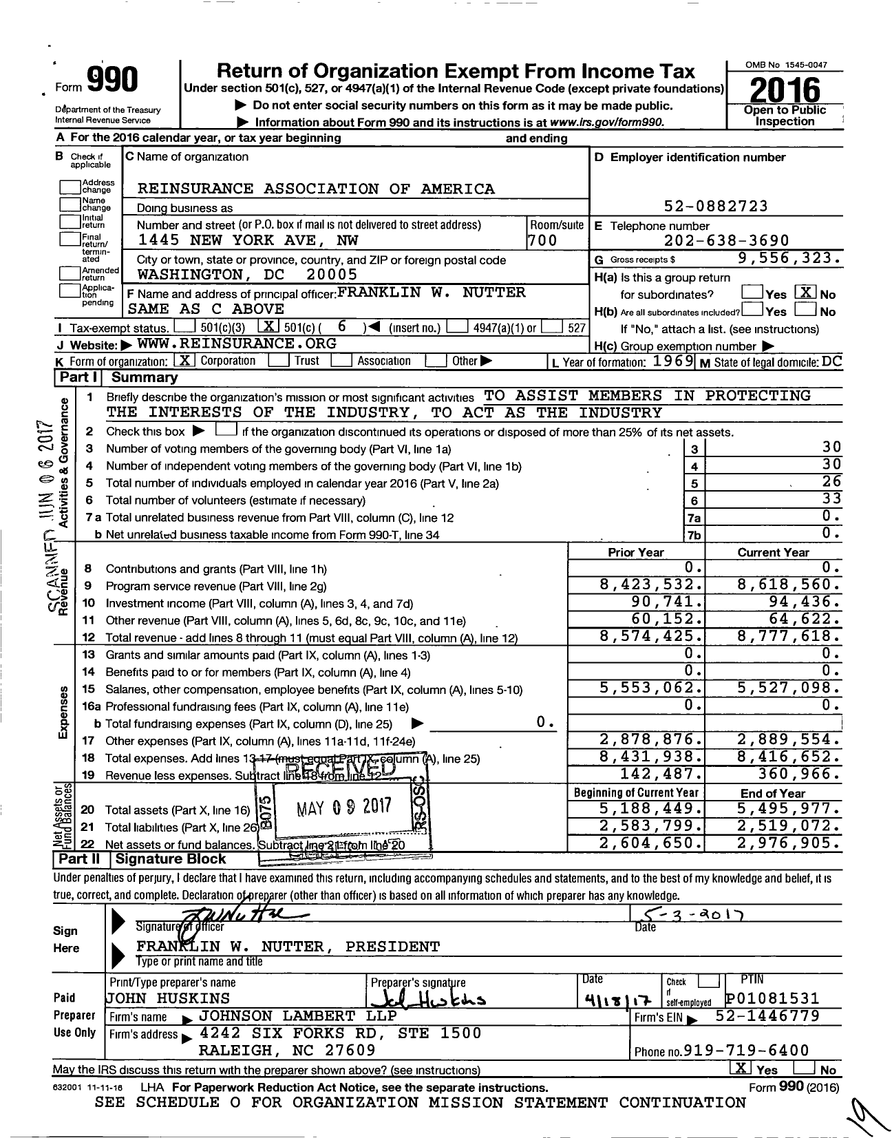Image of first page of 2016 Form 990O for Reinsurance Association of America (RAA)