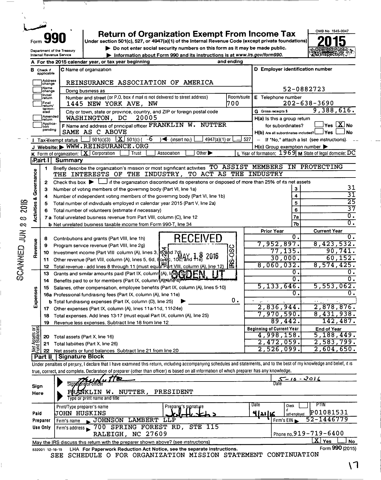 Image of first page of 2015 Form 990O for Reinsurance Association of America (RAA)
