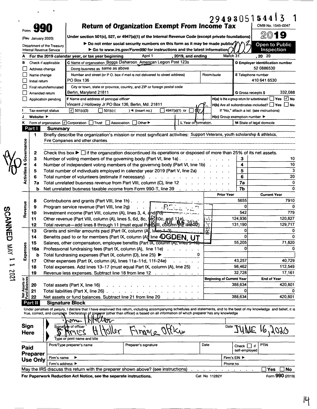 Image of first page of 2019 Form 990O for American Legion - 123 Boggs-Disharoon