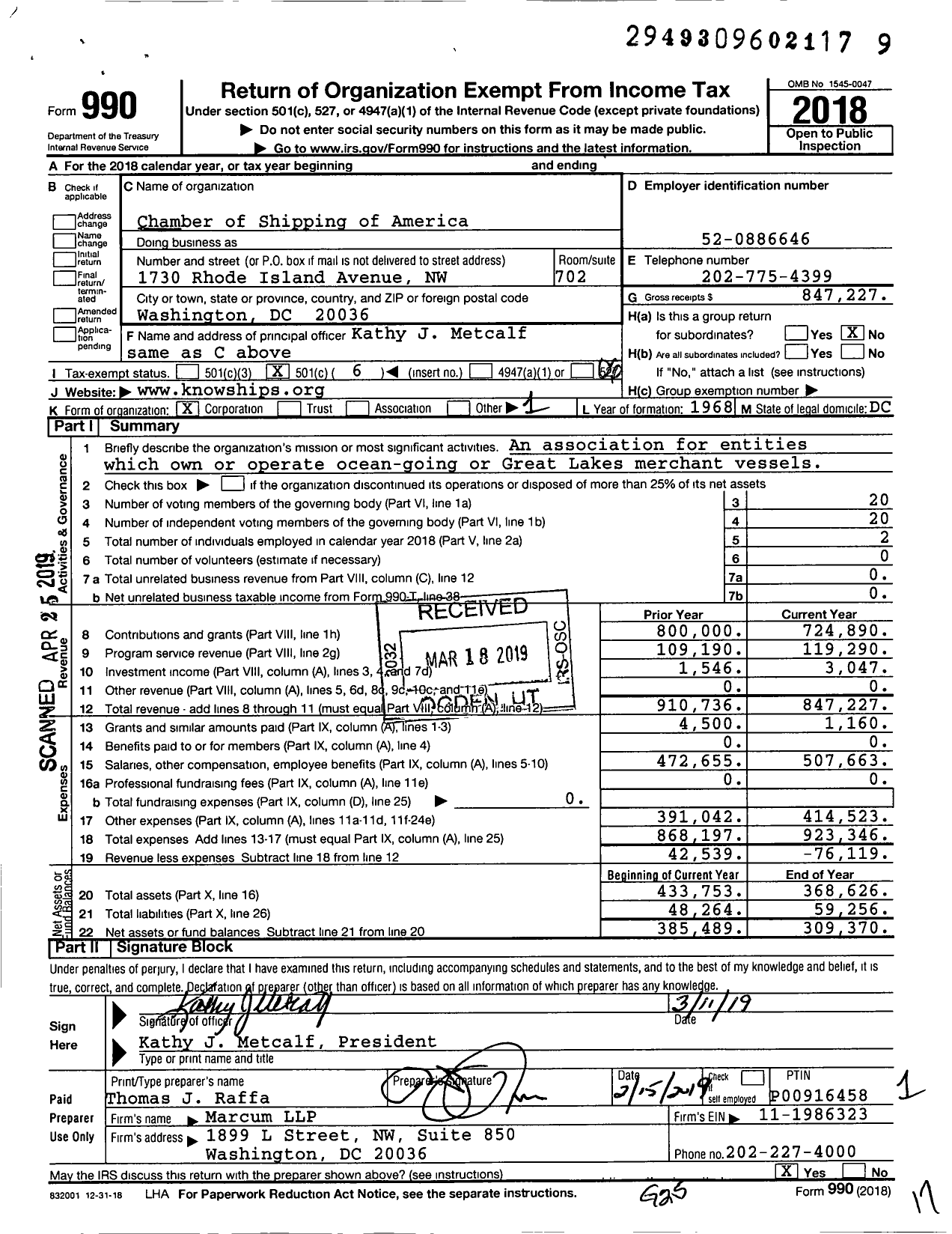 Image of first page of 2018 Form 990O for Chamber of Shipping of America (CSA)