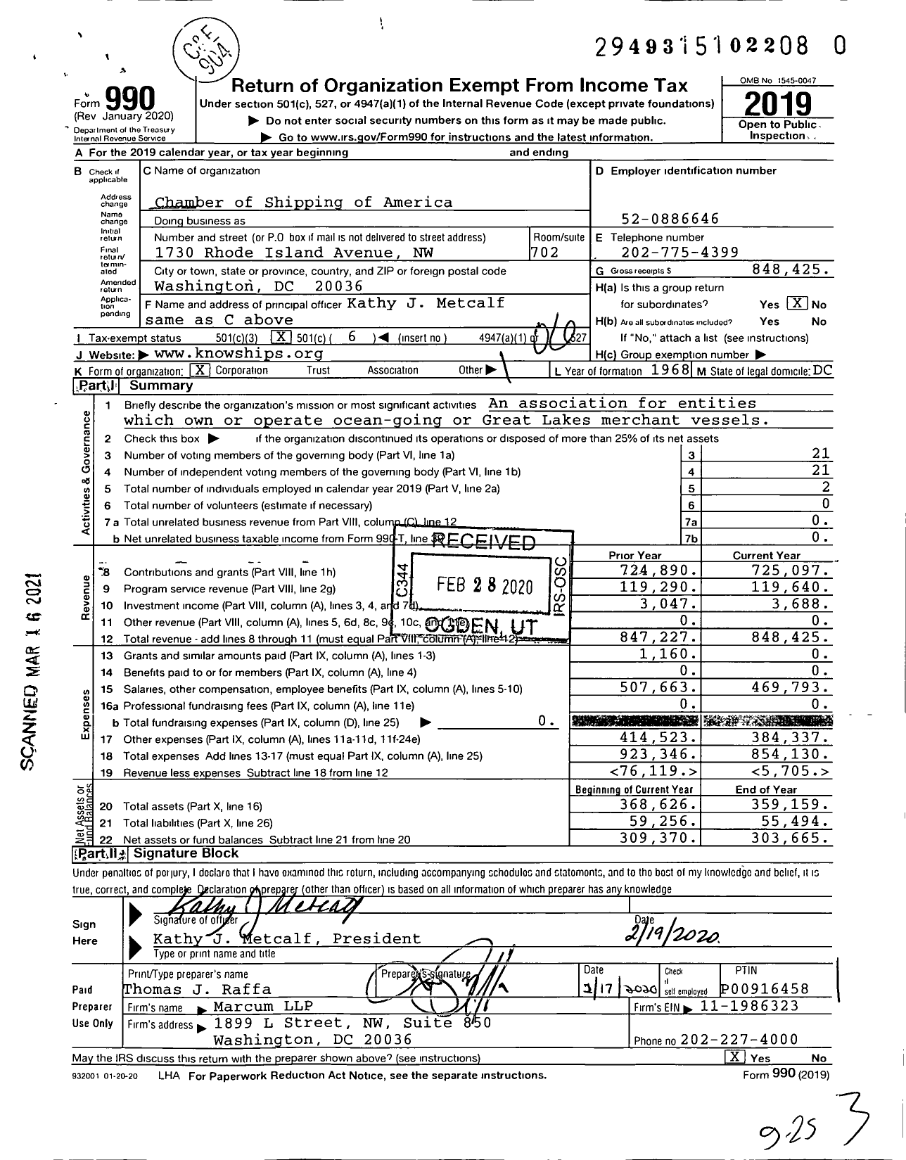 Image of first page of 2019 Form 990O for Chamber of Shipping of America (CSA)