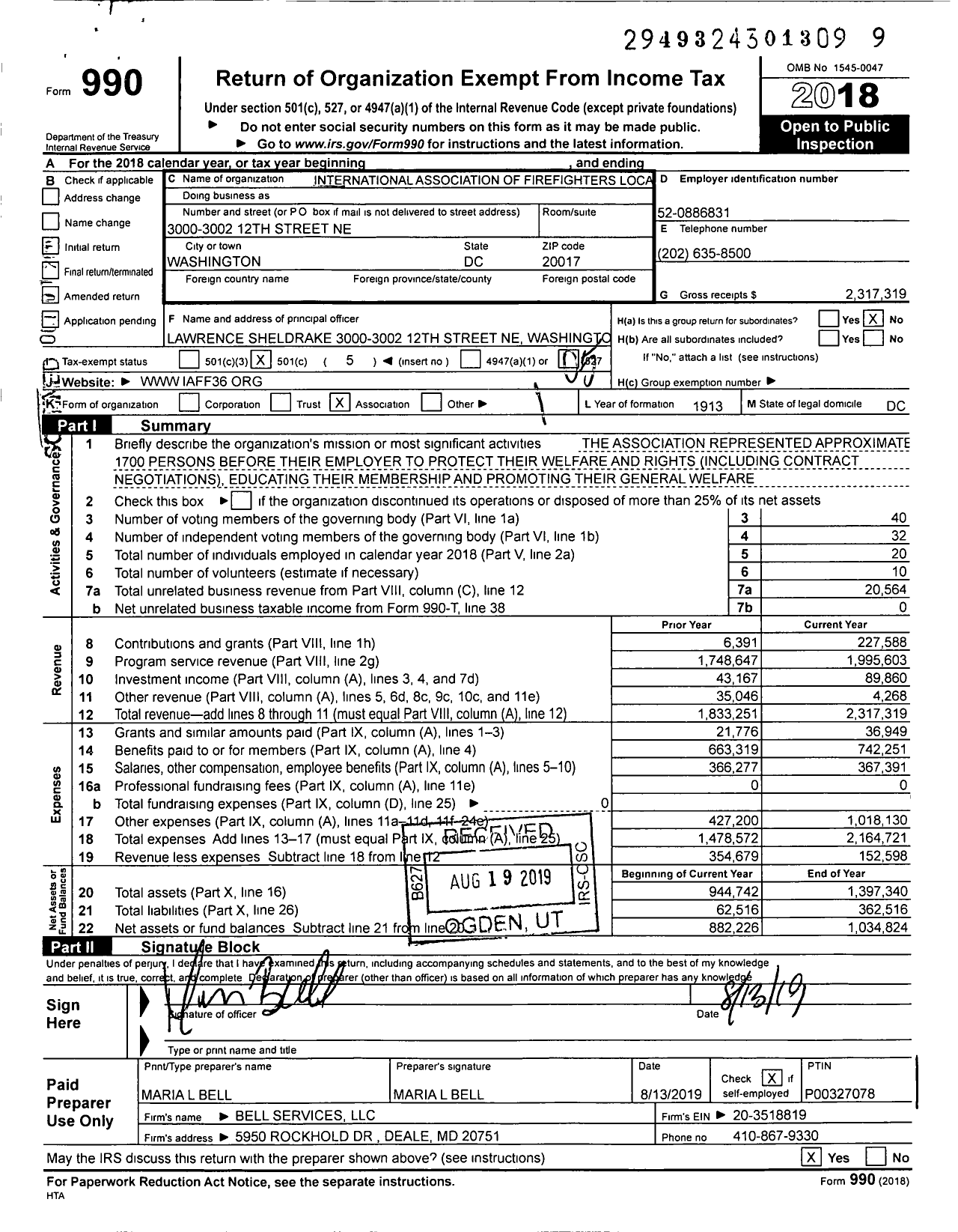 Image of first page of 2018 Form 990O for International Association of Fire Fighters - L0036 Washington