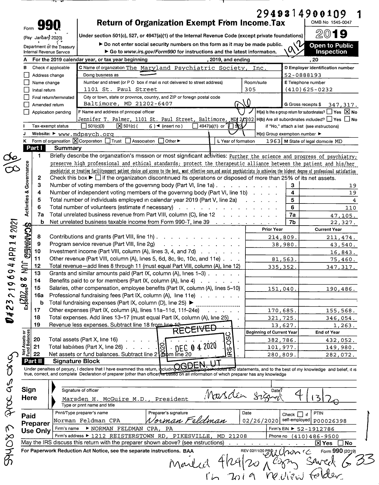 Image of first page of 2019 Form 990O for The Maryland Psychiatric Society