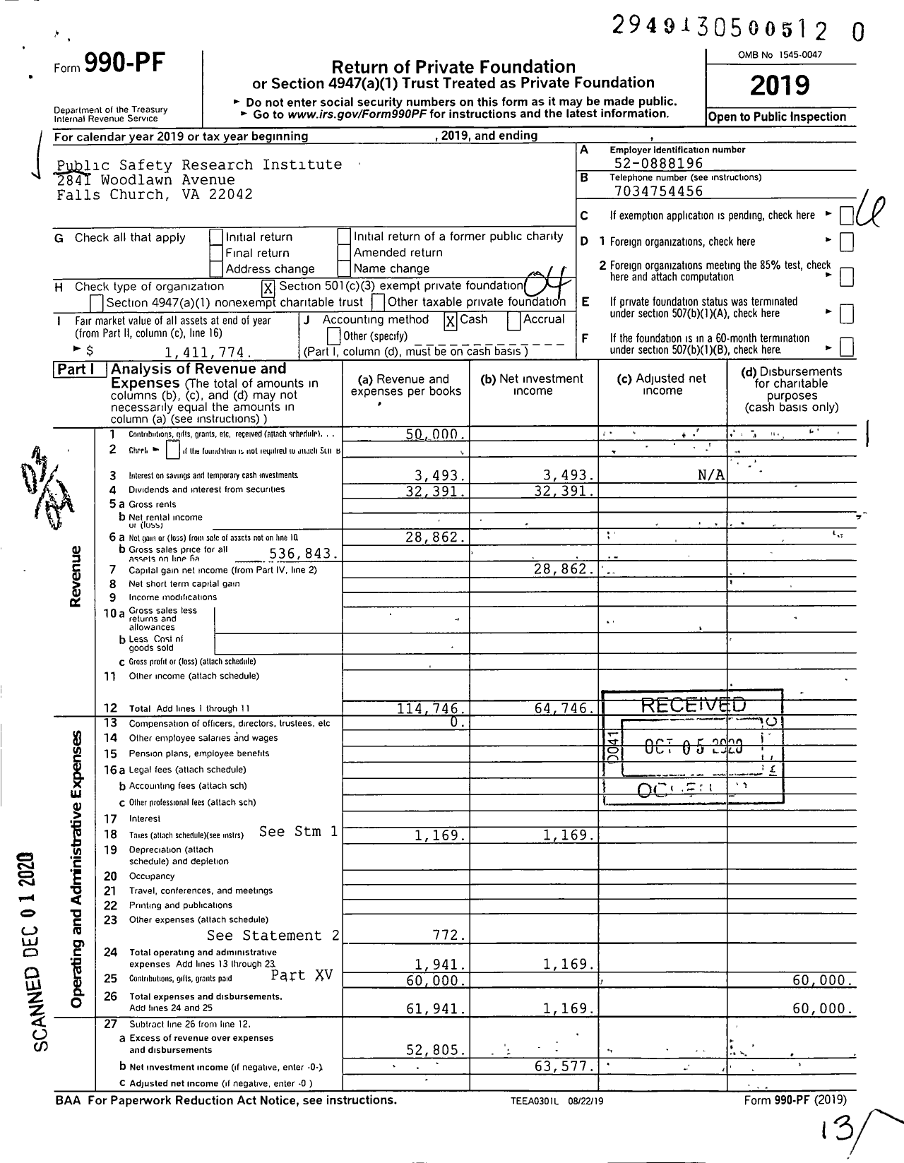 Image of first page of 2019 Form 990PF for Public Safety Research Institute