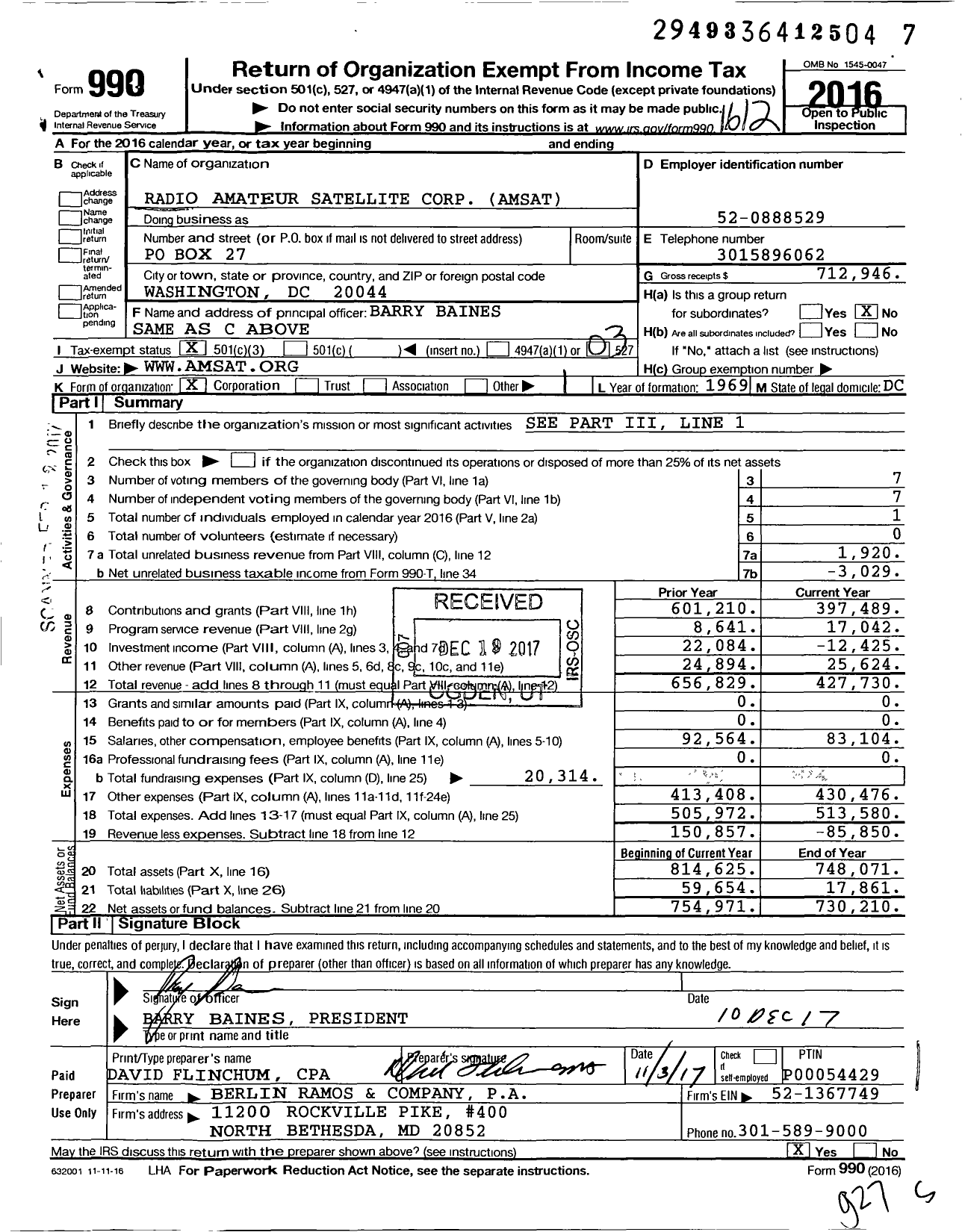 Image of first page of 2016 Form 990 for Radio Amateur Satellite Corporation Amsat