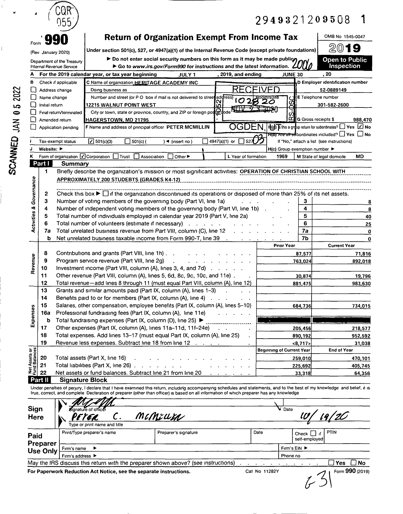 Image of first page of 2019 Form 990 for Heritage Academy