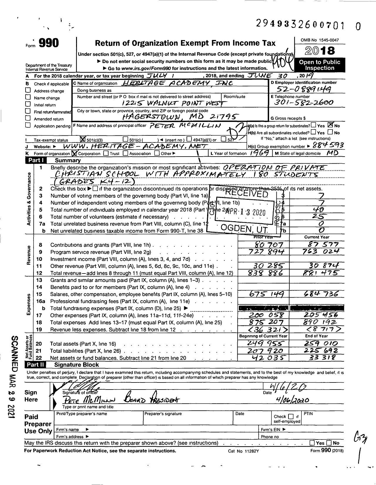 Image of first page of 2018 Form 990 for Heritage Academy