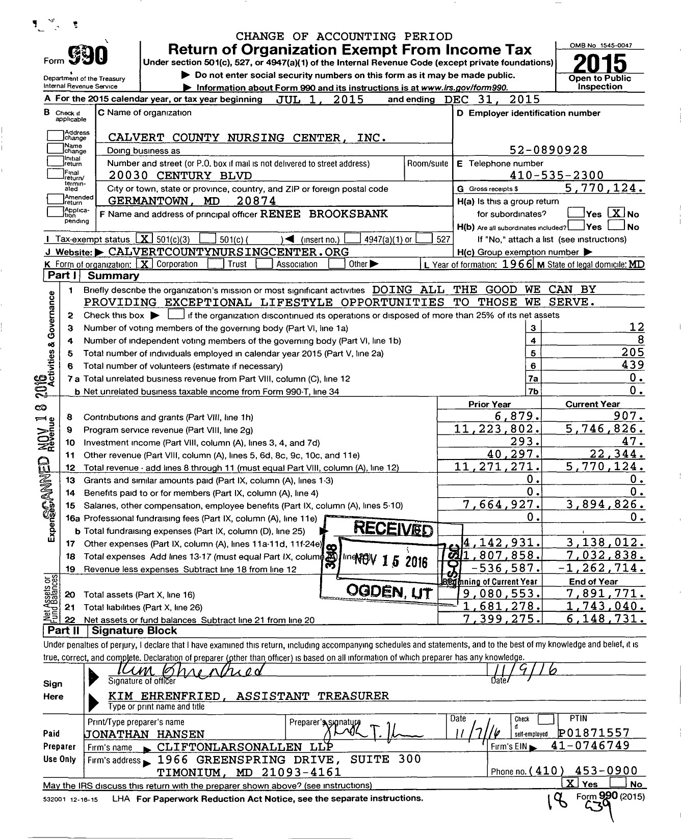 Image of first page of 2015 Form 990 for Calvert County Nursing Center