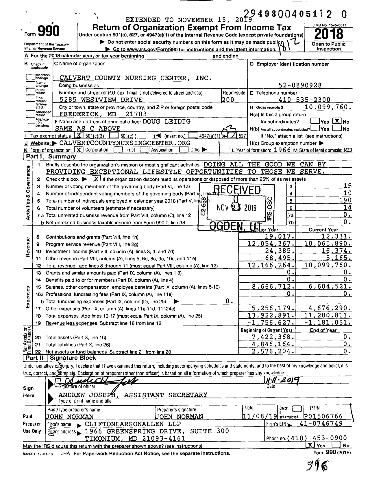 Image of first page of 2018 Form 990 for Calvert County Nursing Center