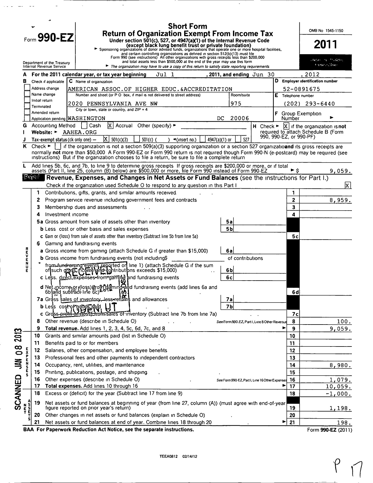 Image of first page of 2011 Form 990EZ for American Association For Higher Education and Accreditation