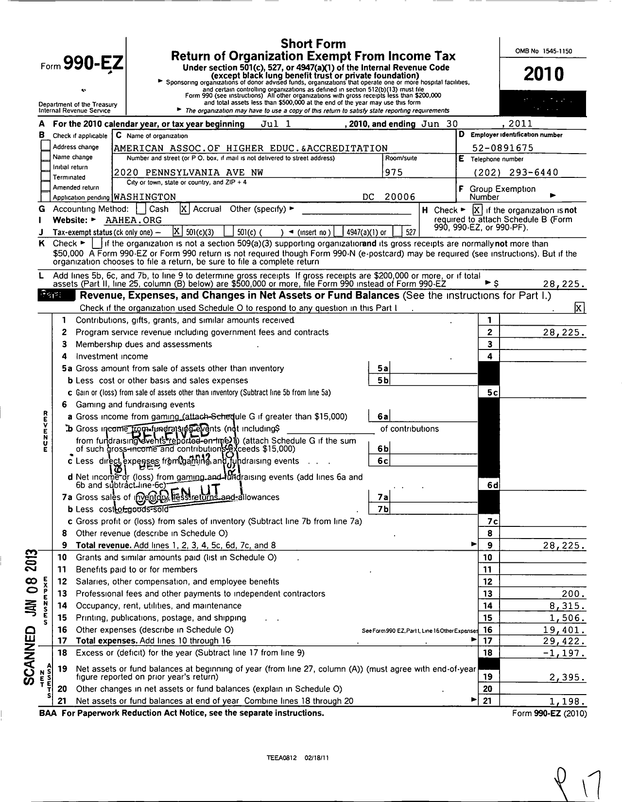 Image of first page of 2010 Form 990EZ for American Association For Higher Education and Accreditation