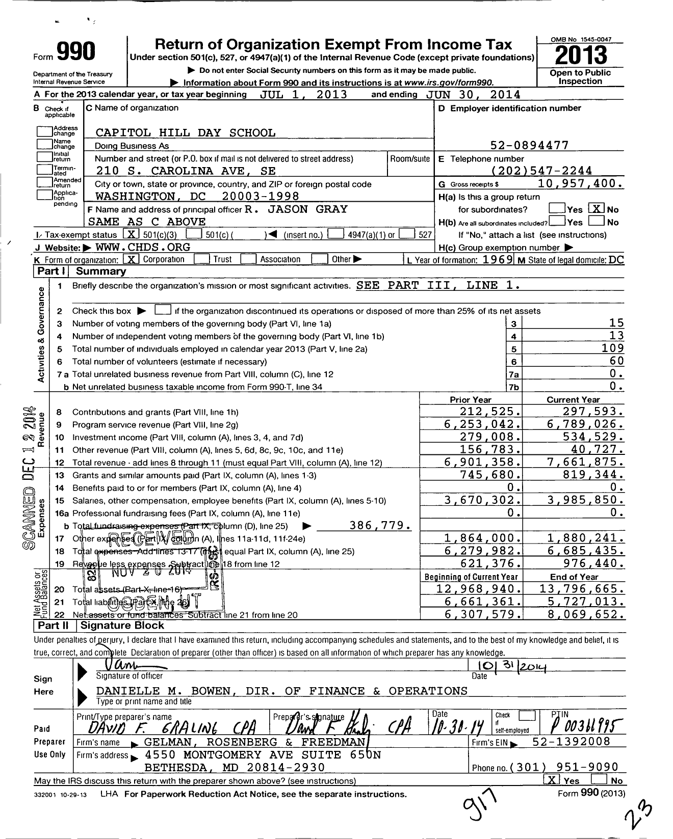 Image of first page of 2013 Form 990 for Capitol Hill Day School (CHDS)