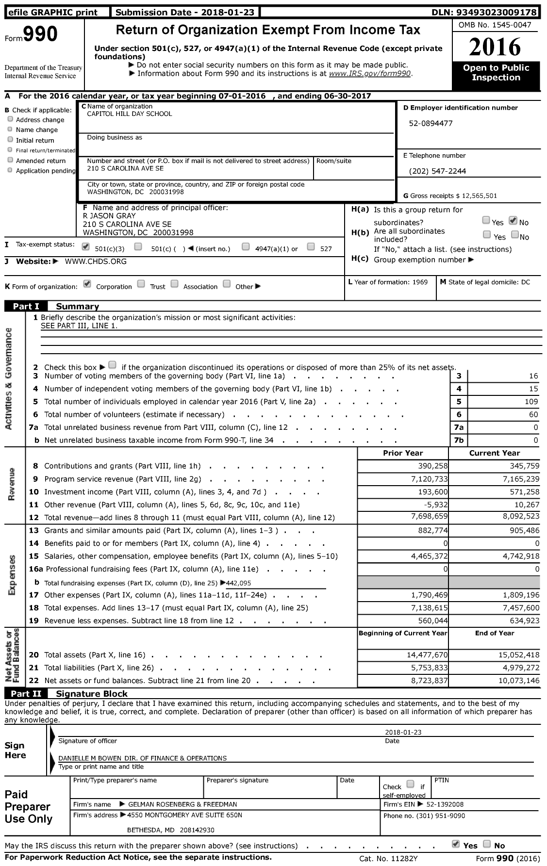 Image of first page of 2016 Form 990 for Capitol Hill Day School (CHDS)