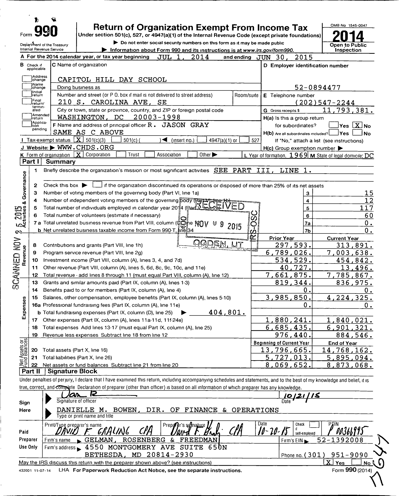 Image of first page of 2014 Form 990 for Capitol Hill Day School (CHDS)