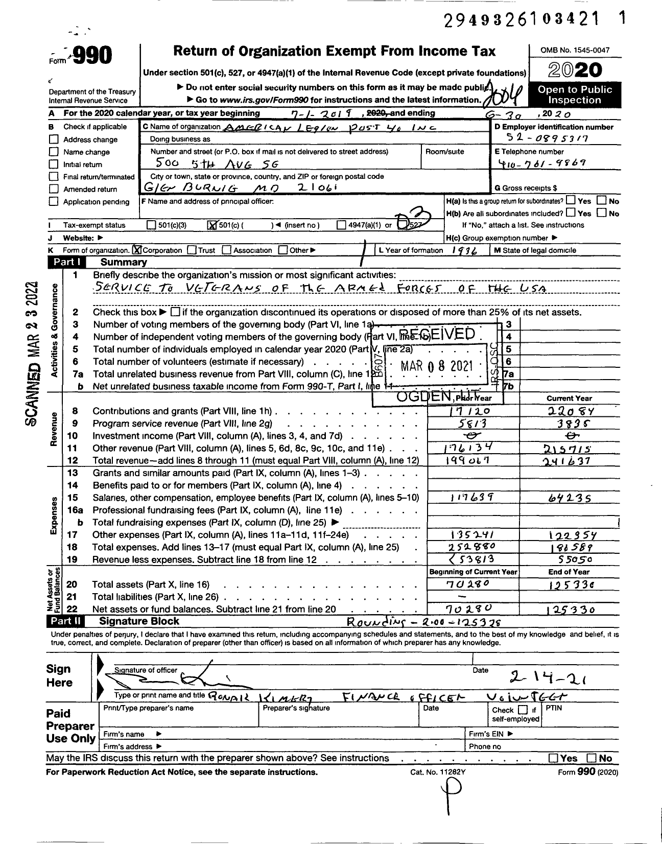 Image of first page of 2019 Form 990 for American Legion 40 Glen Burnie Post