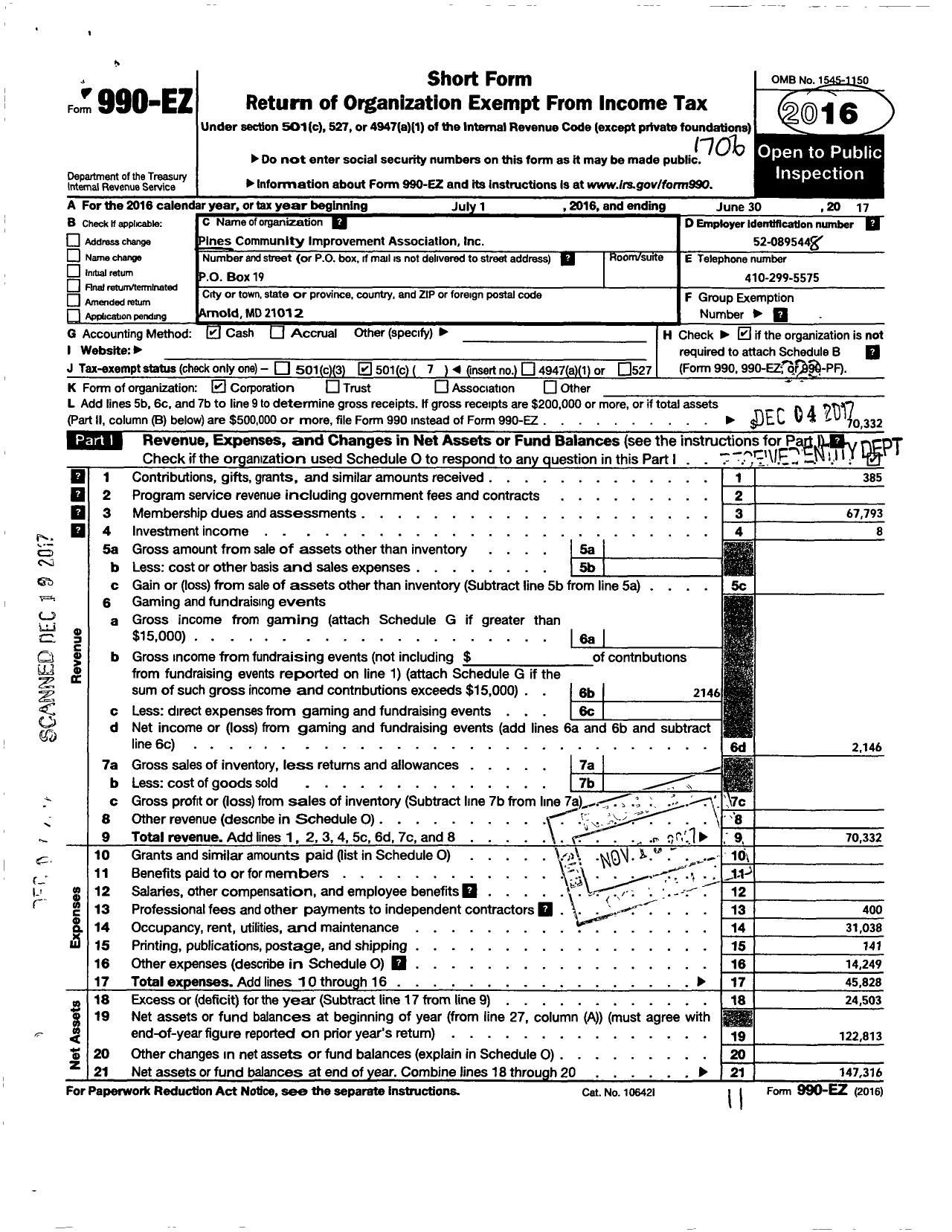 Image of first page of 2016 Form 990EO for Pines Community Improvement Association