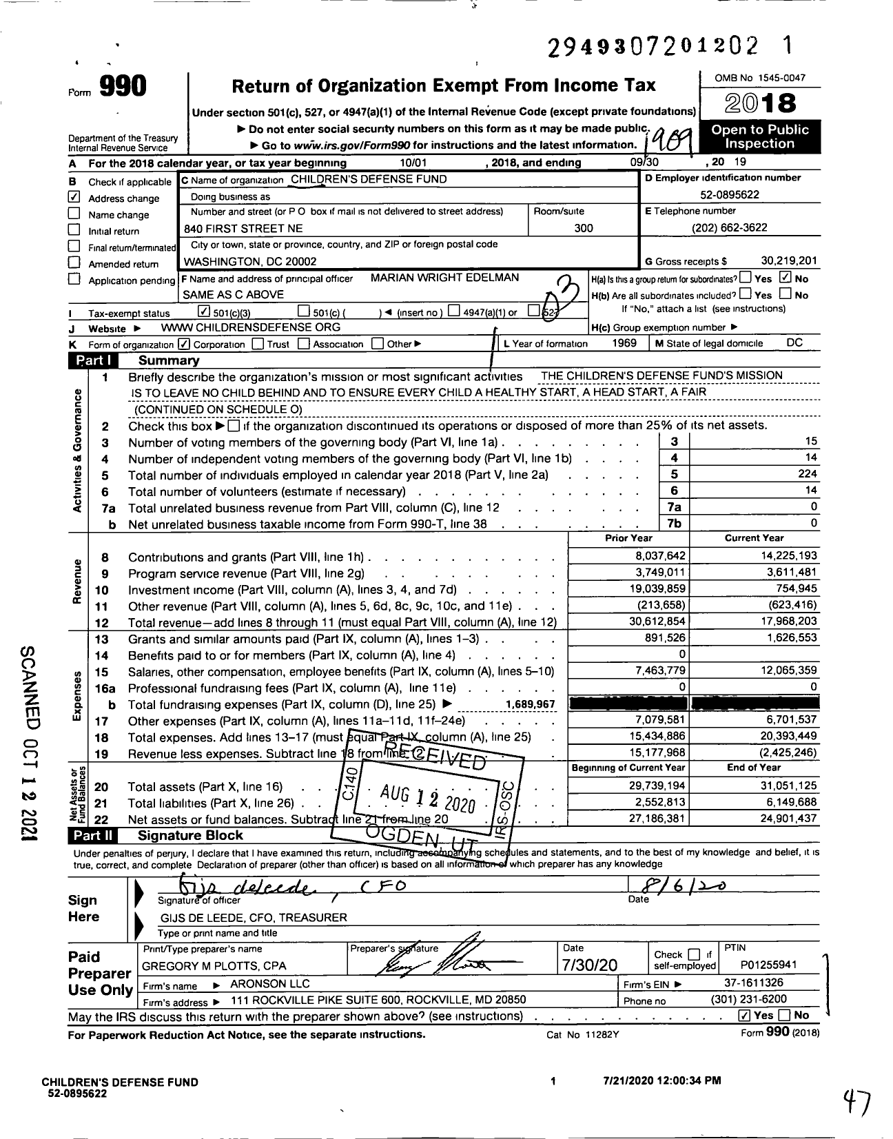 Image of first page of 2018 Form 990 for Childrens Defense Fund (CDF)