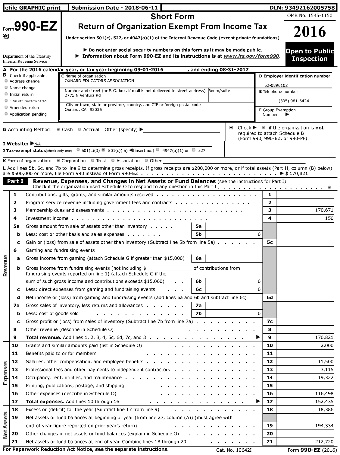 Image of first page of 2016 Form 990EZ for California Teachers Association - Oxnard Educators Association