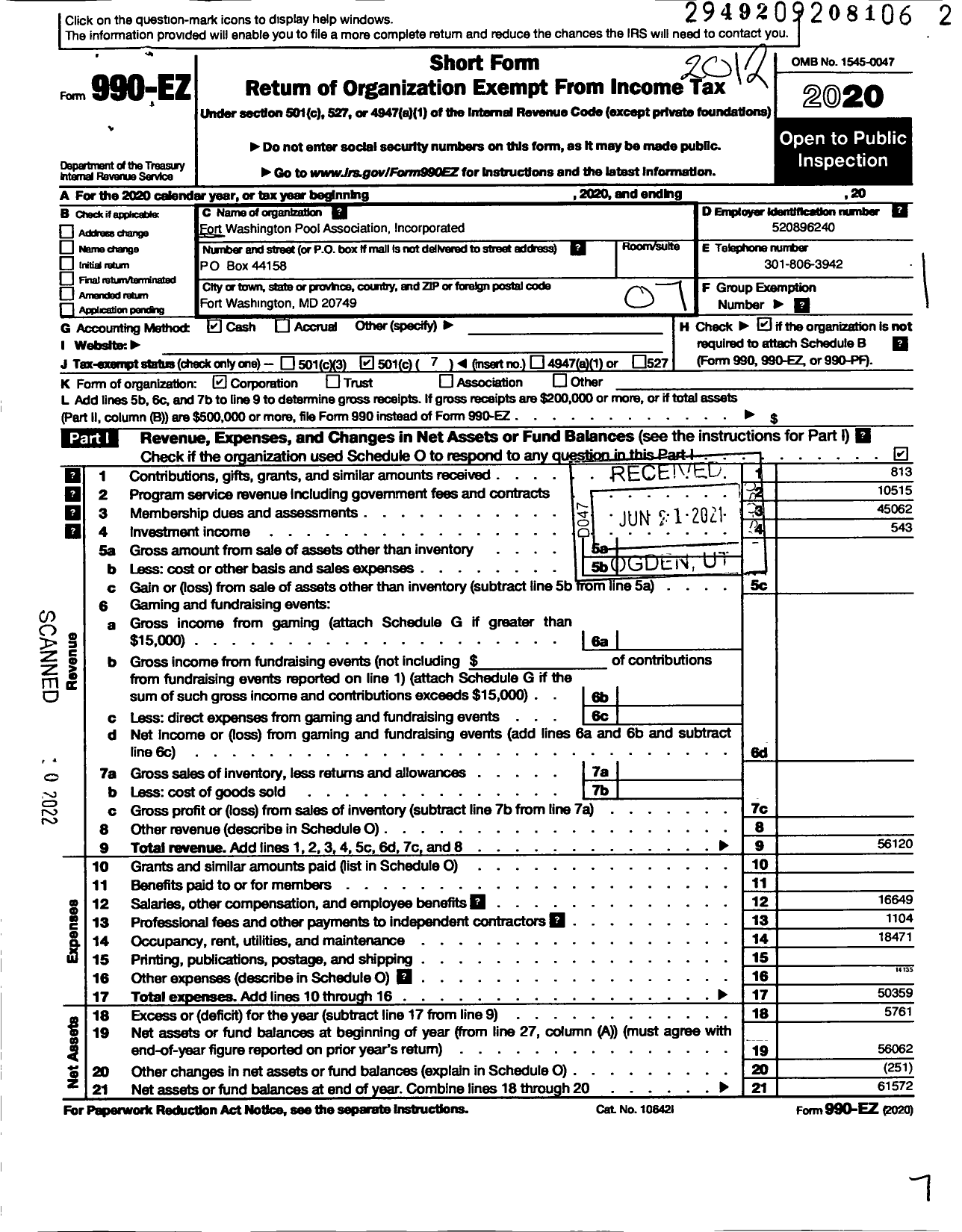 Image of first page of 2020 Form 990EO for Fort Washington Pool Association Incorporated