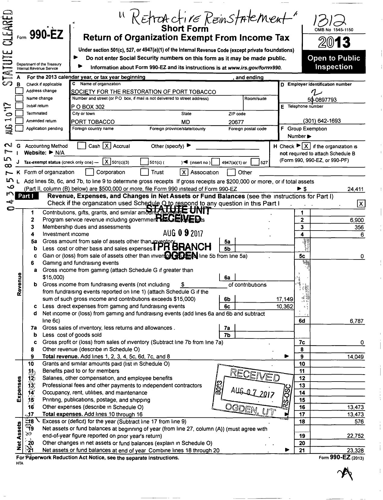 Image of first page of 2013 Form 990EZ for Society for the Restoration of Port Tobacco