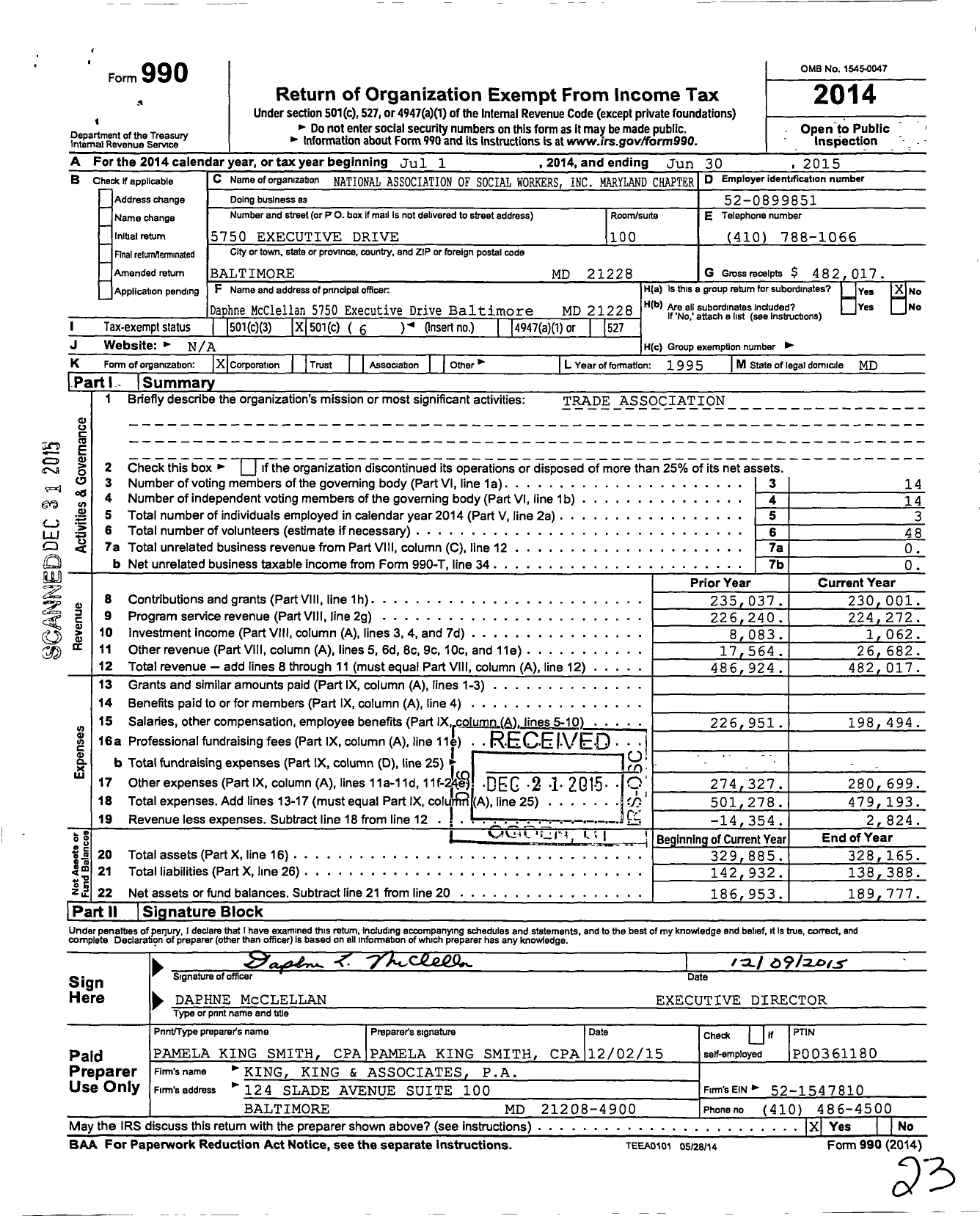 Image of first page of 2014 Form 990O for National Association of Social Workers - Maryland Chapter