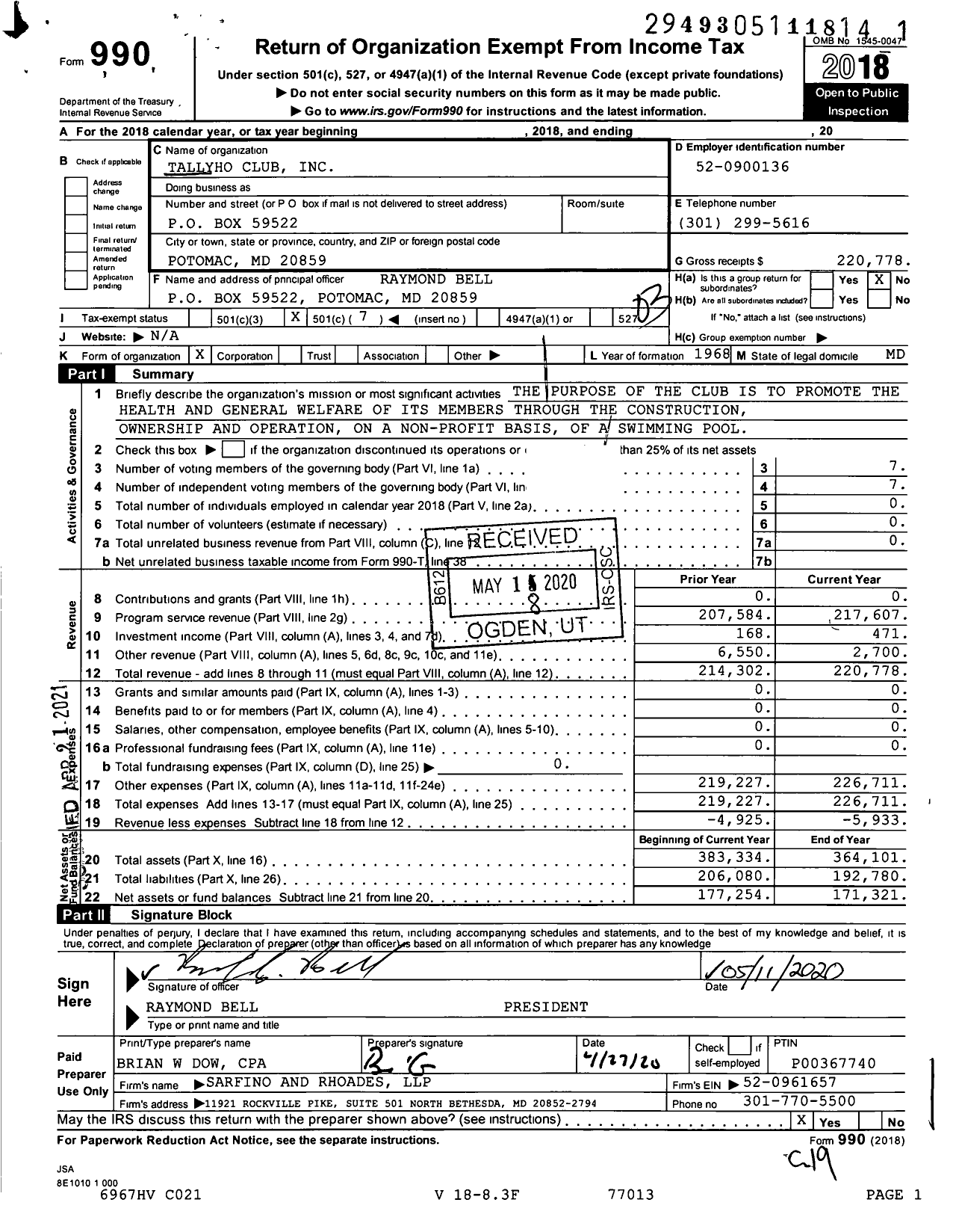 Image of first page of 2018 Form 990 for Tallyho Club