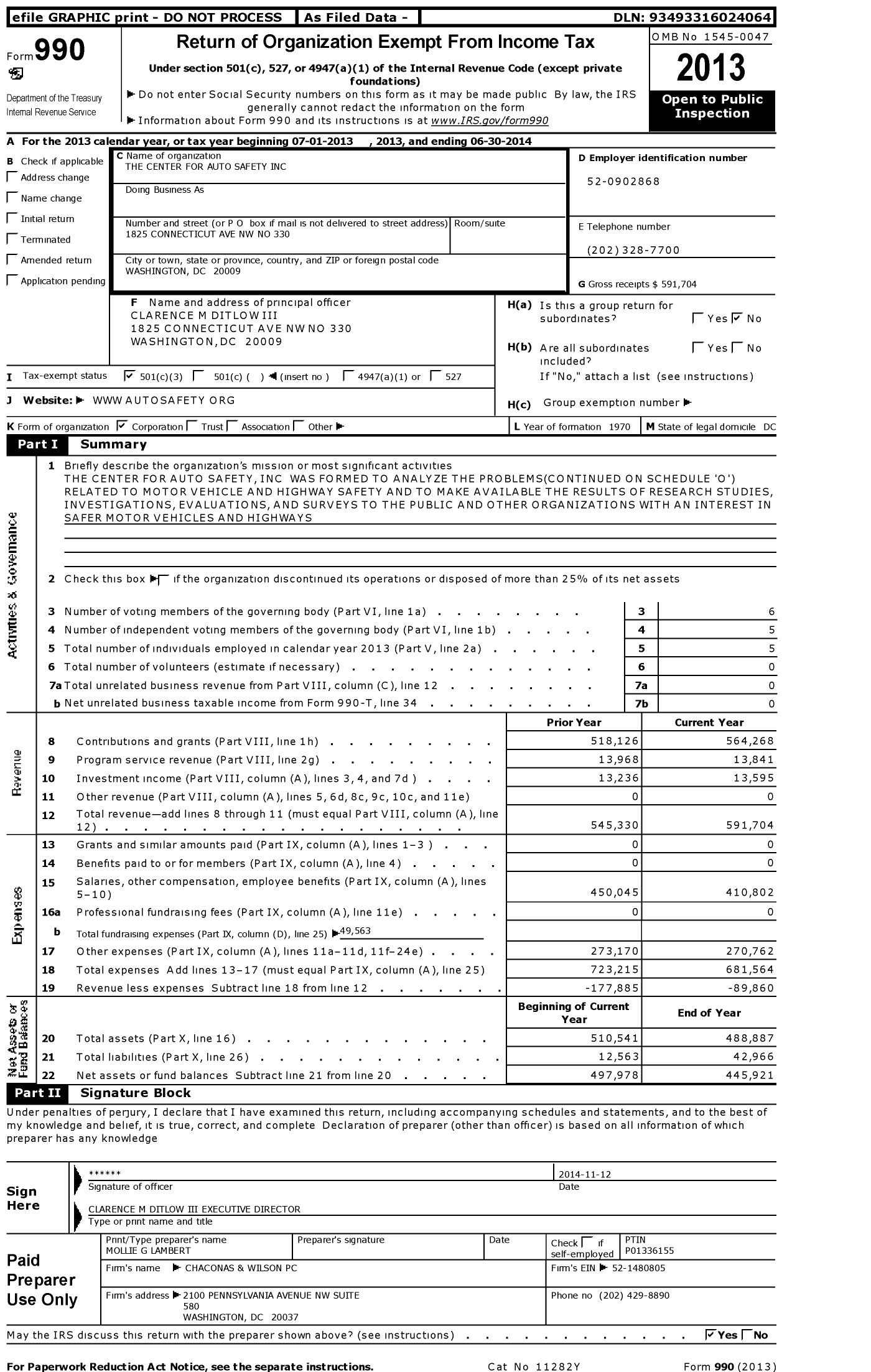 Image of first page of 2013 Form 990 for The Center for Auto Safety