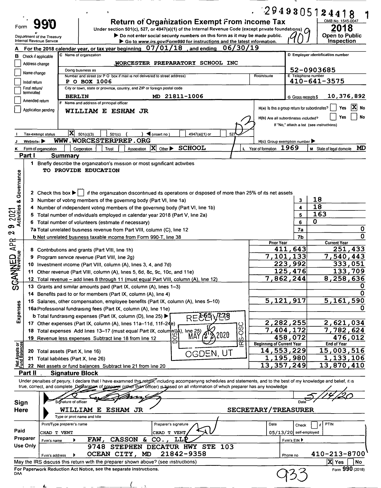 Image of first page of 2018 Form 990 for Worcester Preparatory School