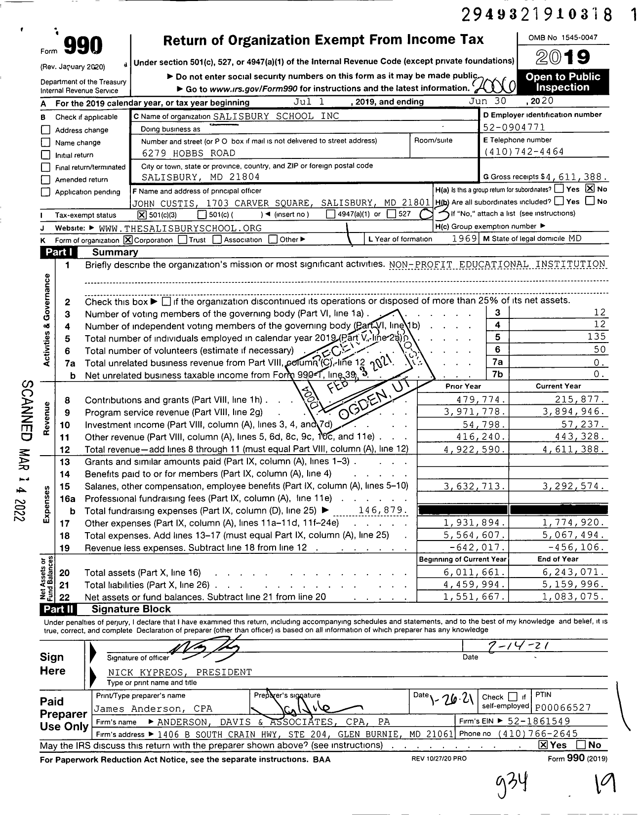 Image of first page of 2019 Form 990 for Salisbury School