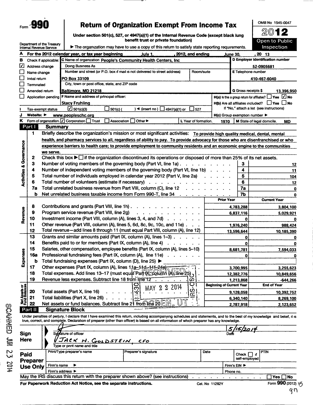 Image of first page of 2012 Form 990 for Peoples Community Health Centers