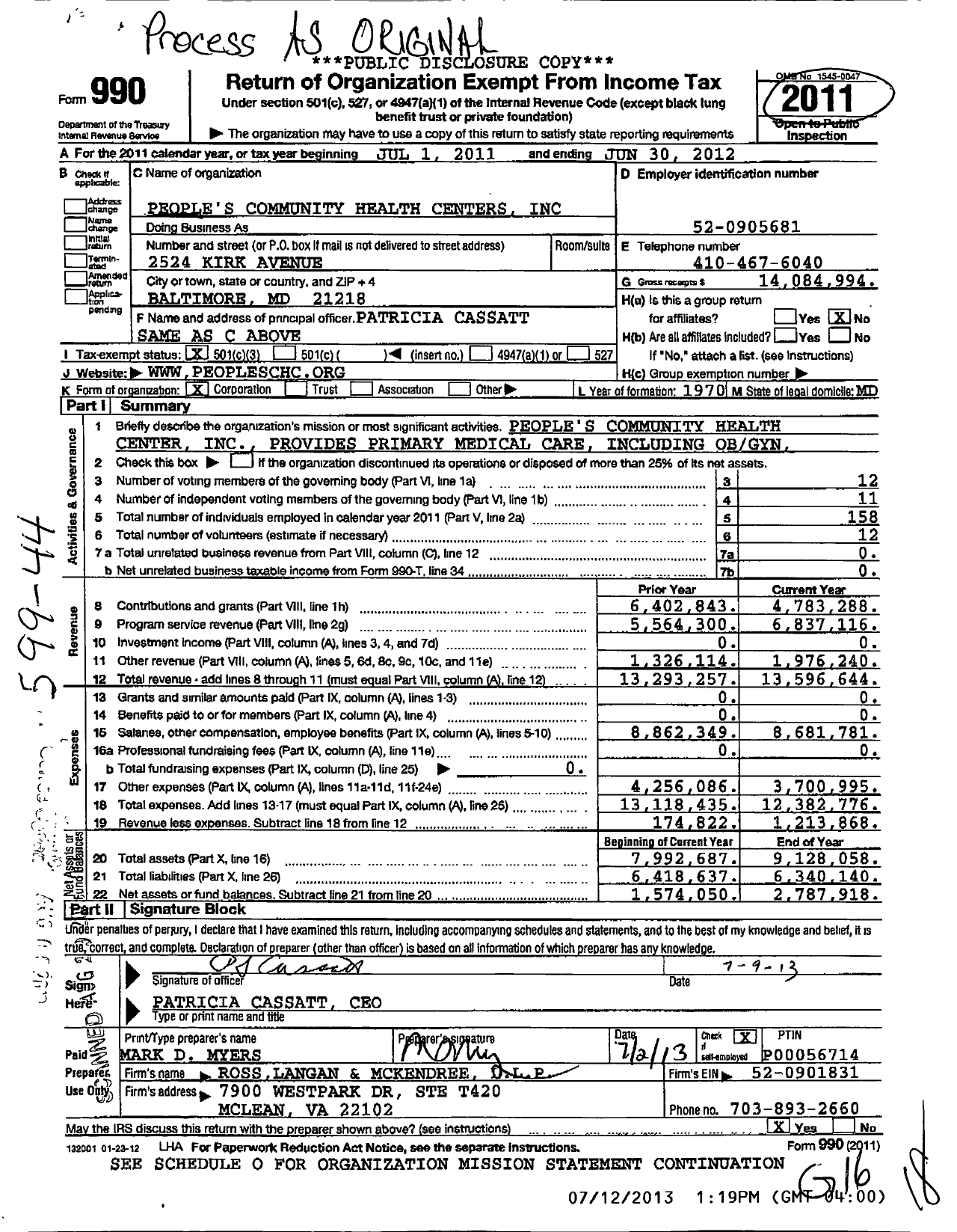 Image of first page of 2011 Form 990 for Peoples Community Health Centers