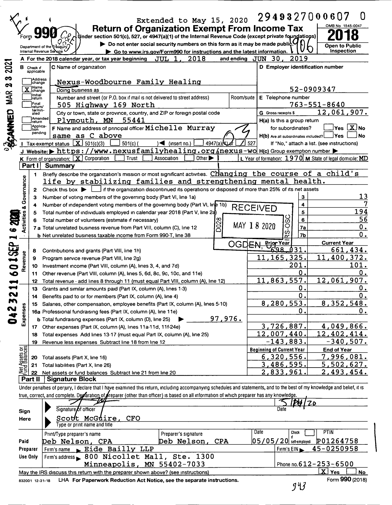 Image of first page of 2018 Form 990 for Nexus - Woodbourne Family Healing
