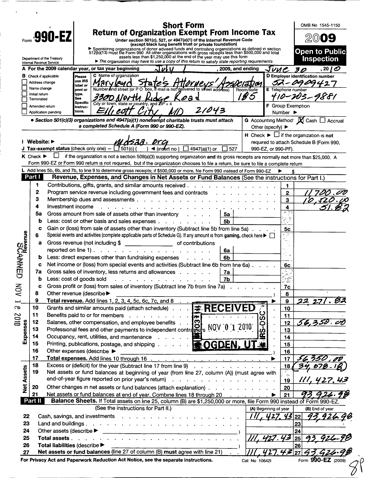 Image of first page of 2009 Form 990EO for Maryland States Attorneys Association Incorporated