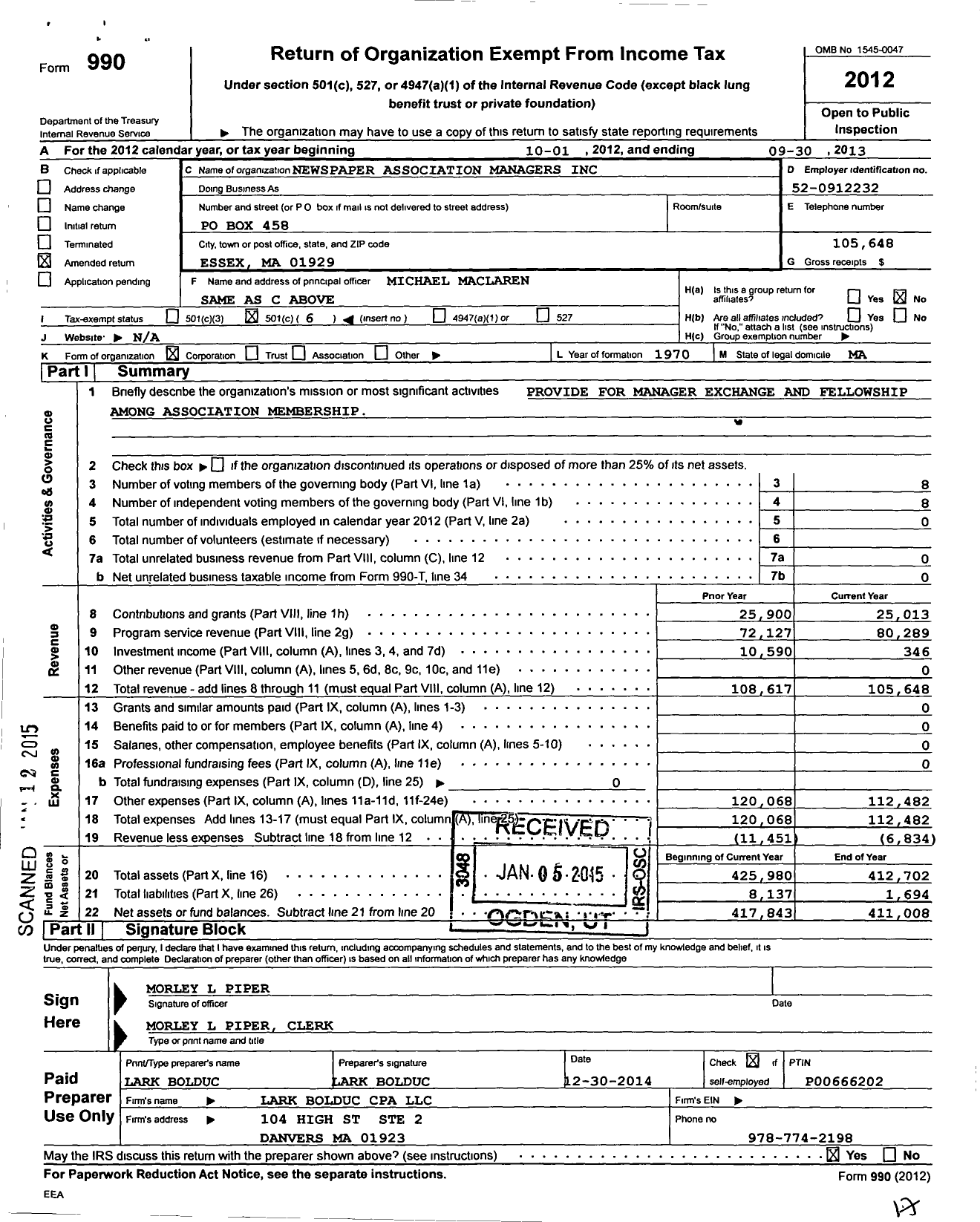 Image of first page of 2012 Form 990O for Newspaper Association Managers