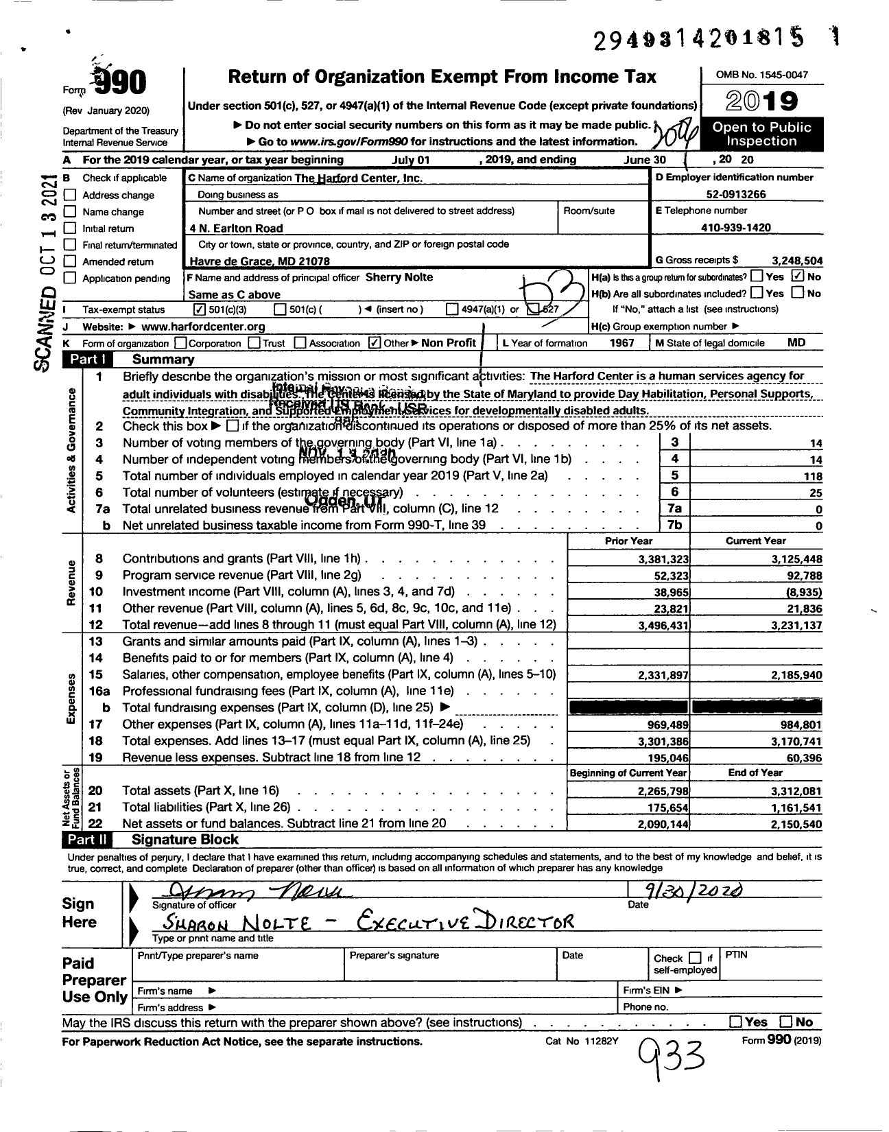 Image of first page of 2019 Form 990 for The Harford Center