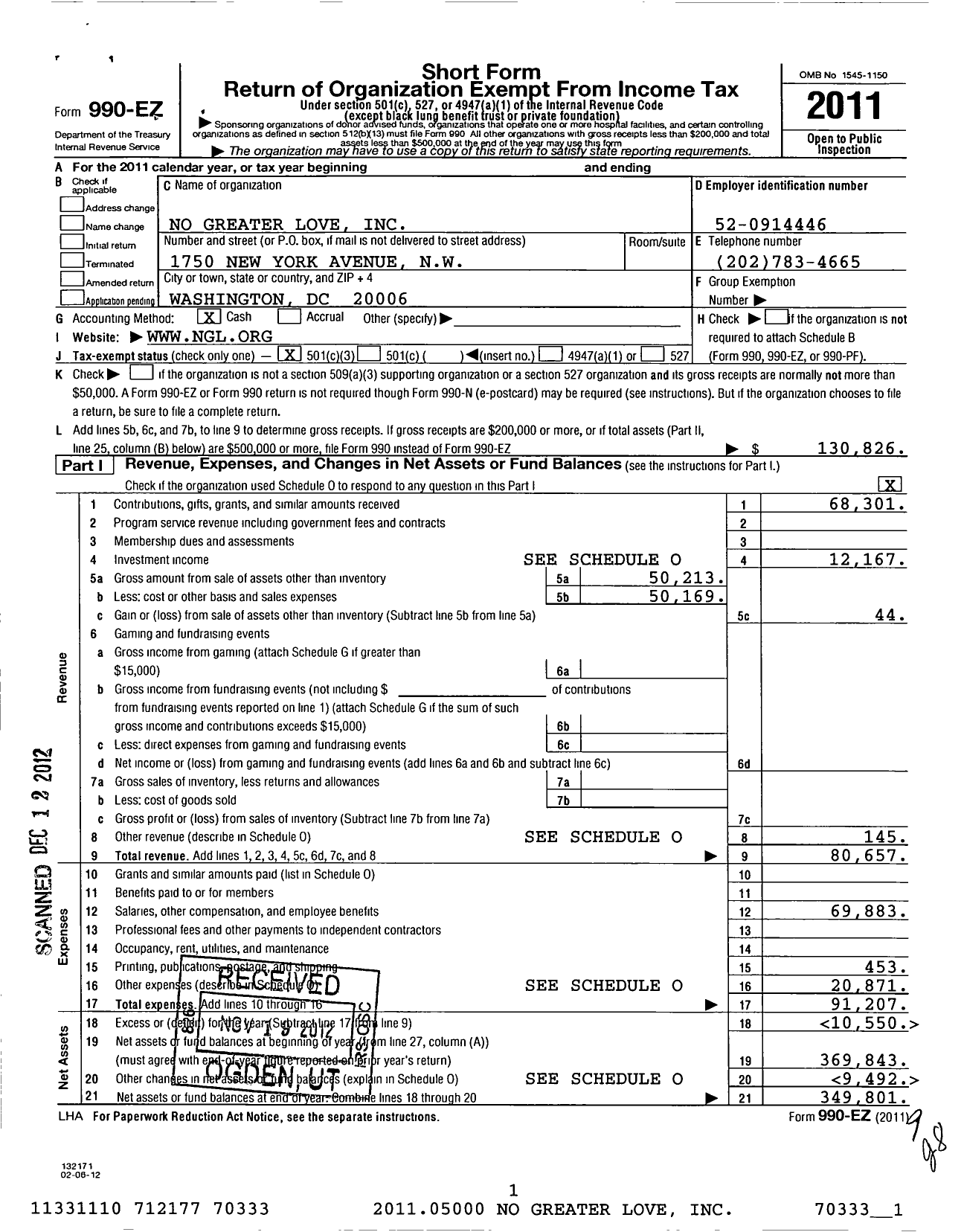 Image of first page of 2011 Form 990EZ for No Greater Love