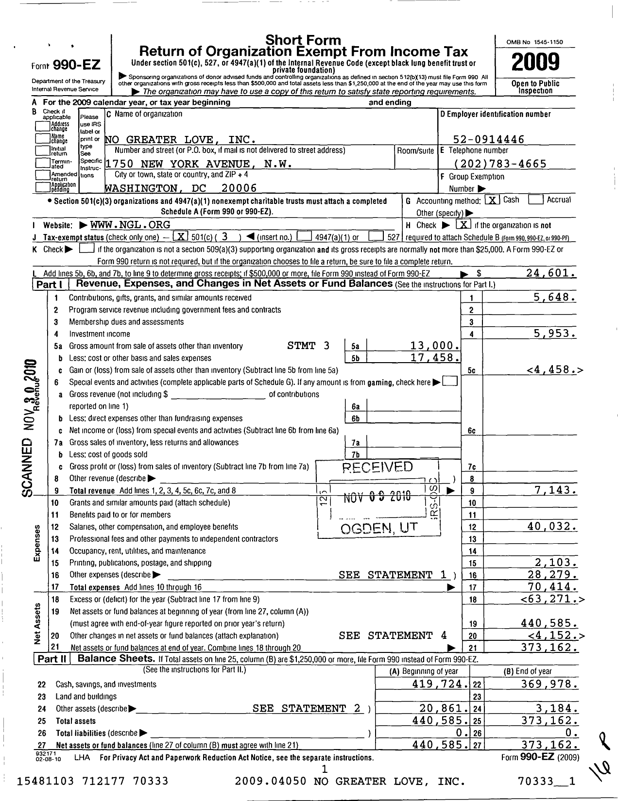 Image of first page of 2009 Form 990EZ for No Greater Love