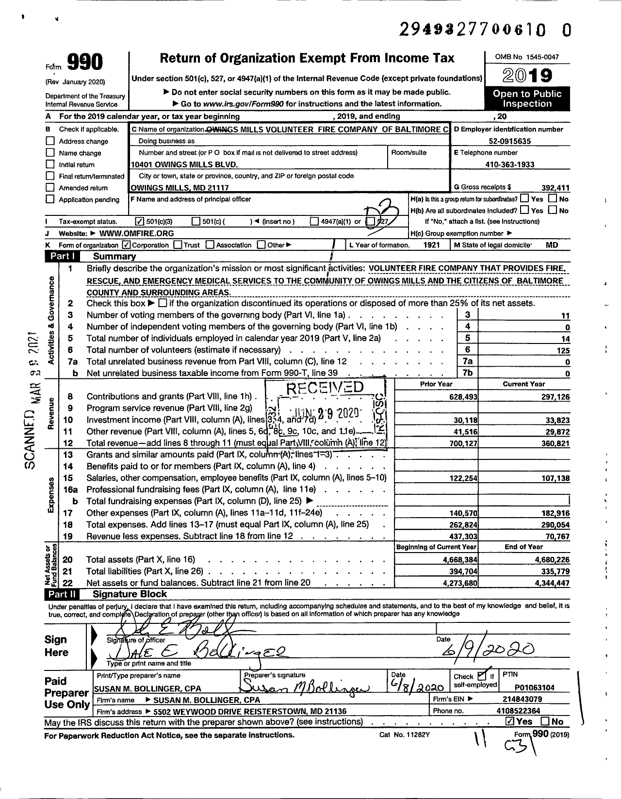 Image of first page of 2019 Form 990 for Owings Mills Volunteer Fire Company of Baltimore County