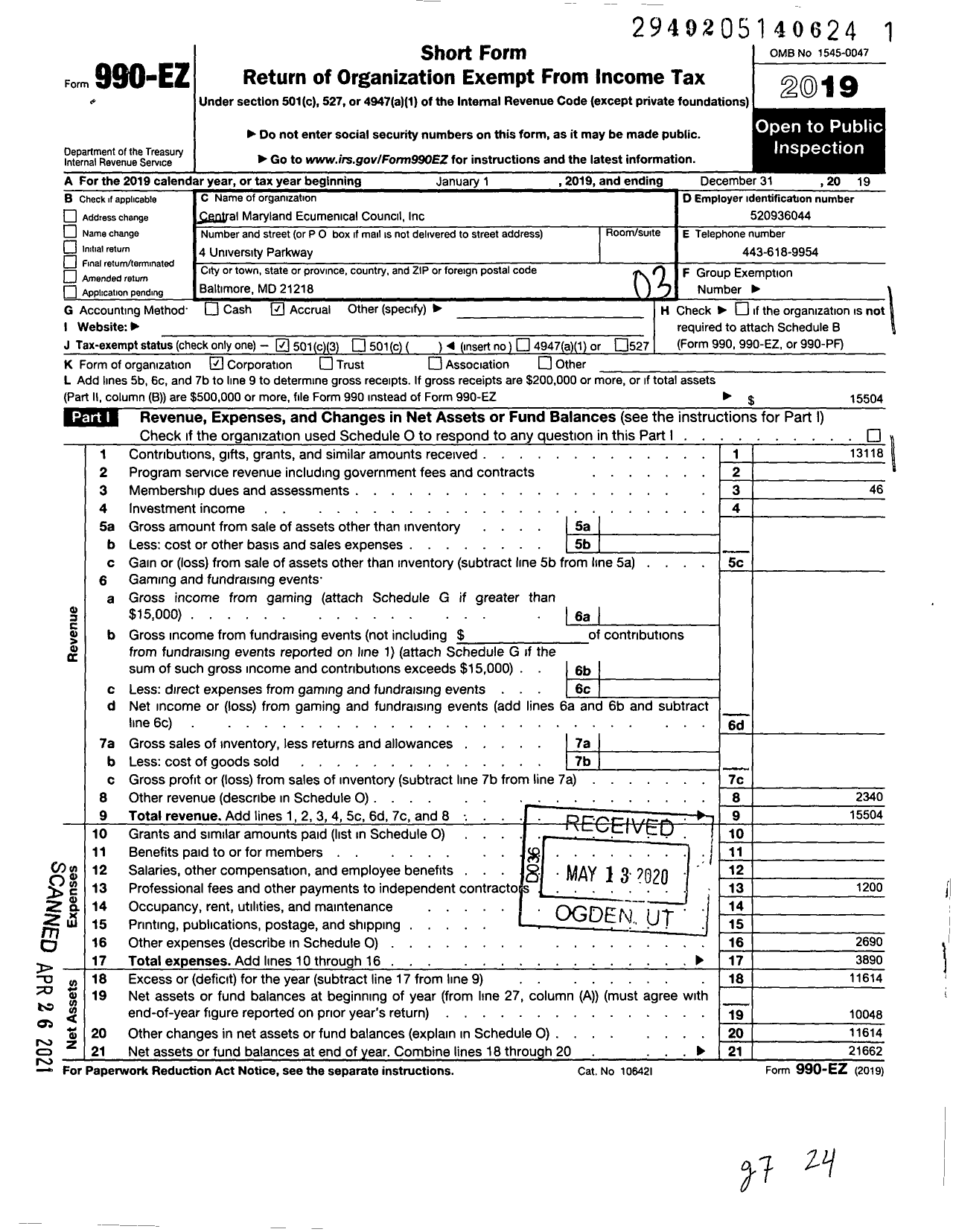 Image of first page of 2019 Form 990EZ for Central Maryland Ecumenical Council