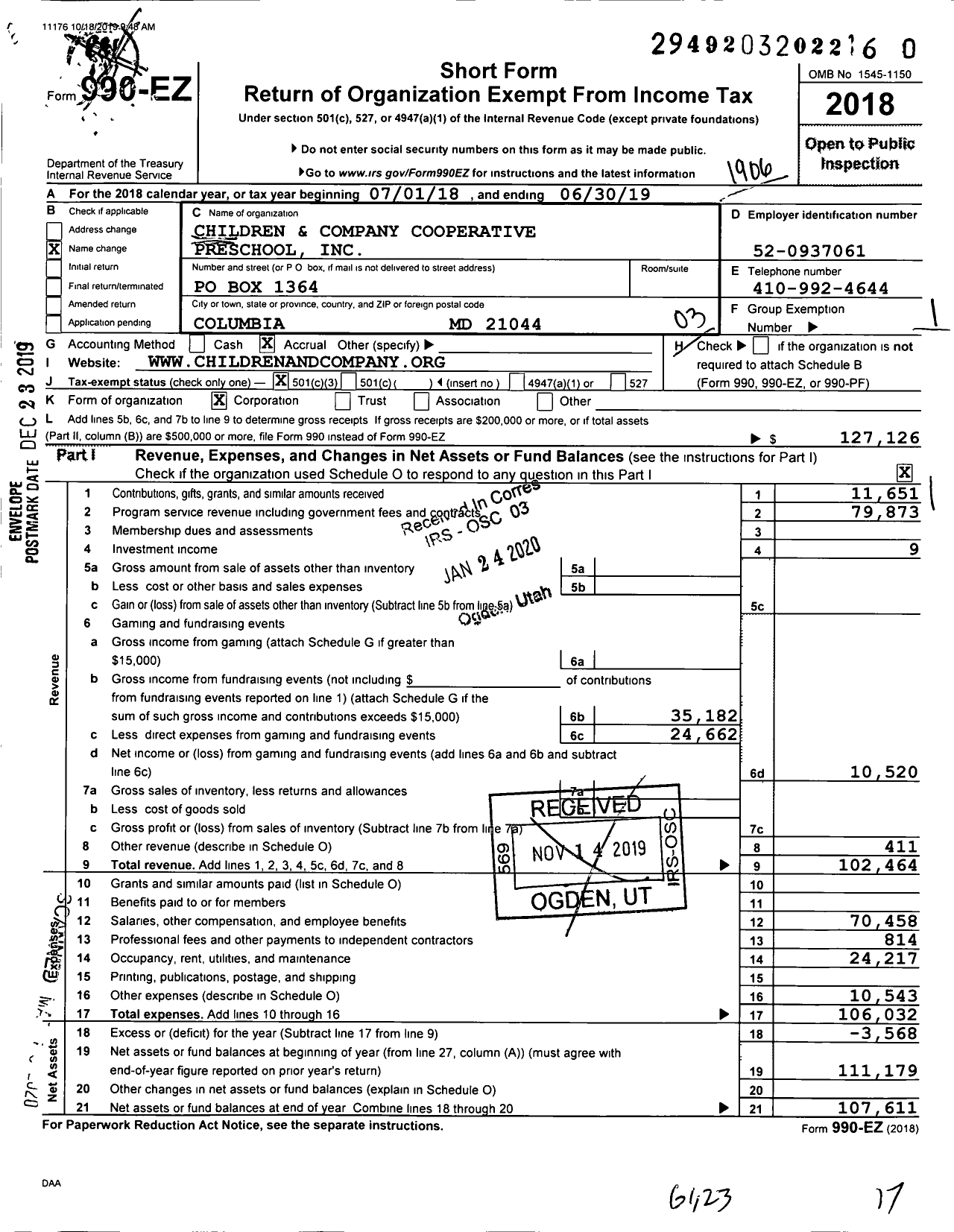 Image of first page of 2018 Form 990EZ for Children and Company Cooperative Preschool