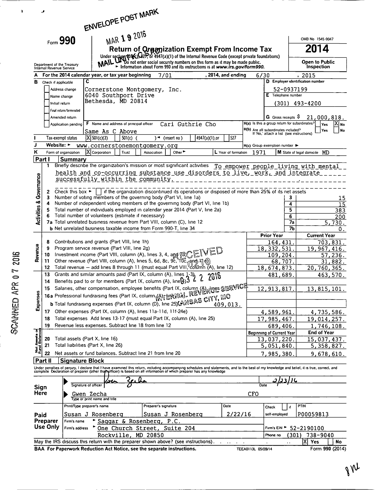 Image of first page of 2014 Form 990 for Cornerstone Montgomery