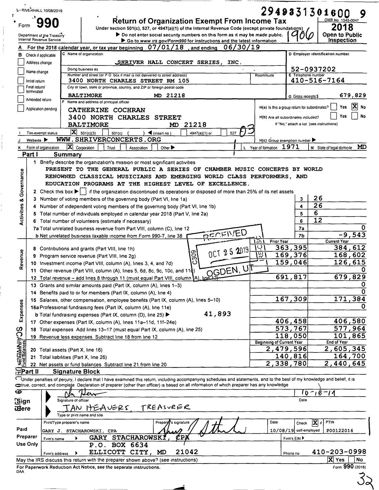 Image of first page of 2018 Form 990 for Shriver Hall Concert Series