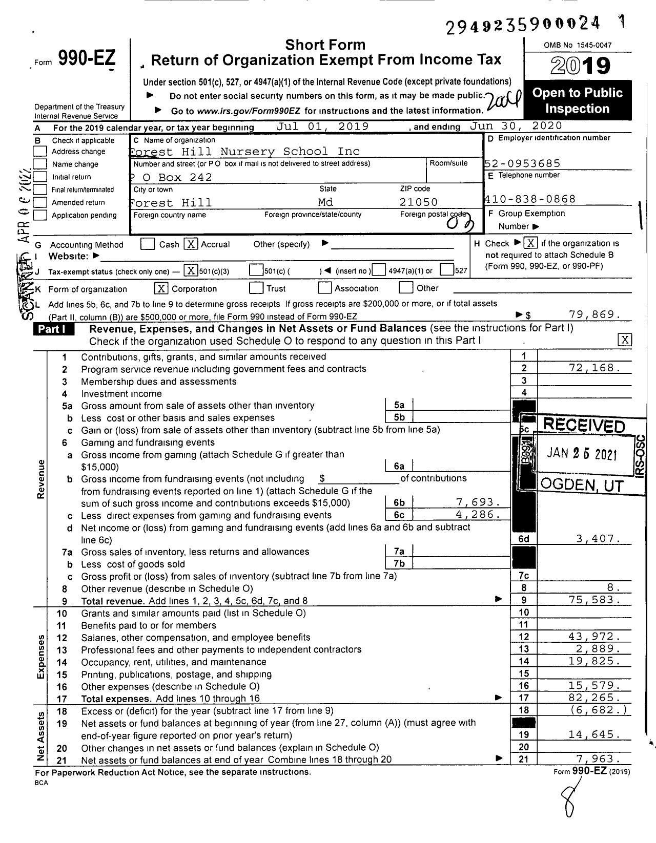 Image of first page of 2019 Form 990EZ for Forest Hill Nursery School